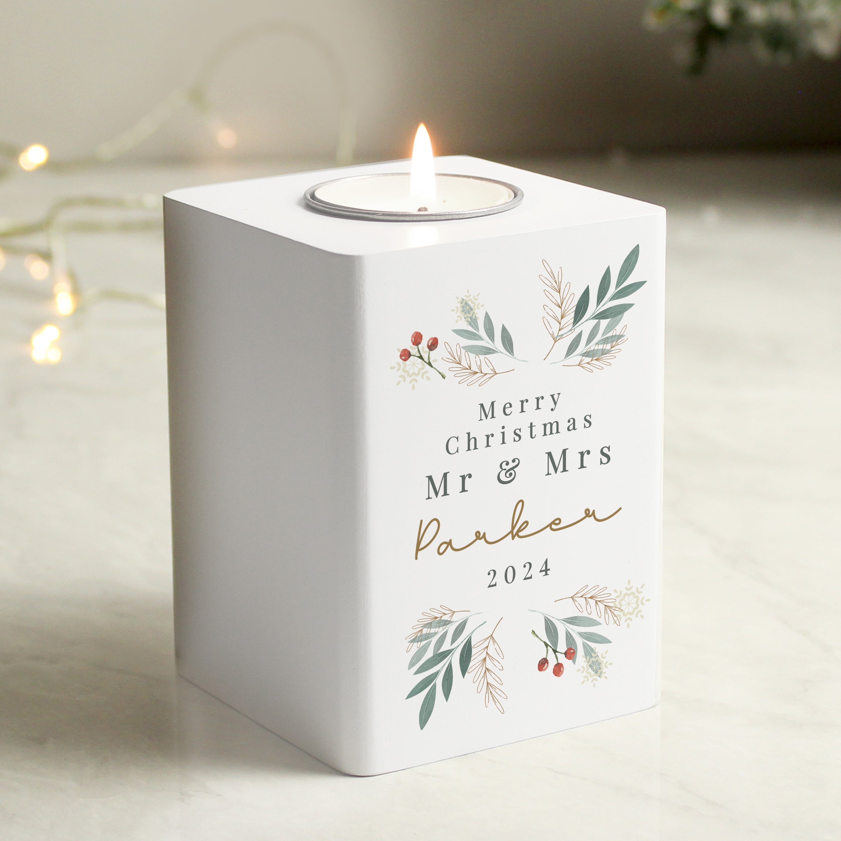 Personalised Christmas Foliage White Tealight Holder