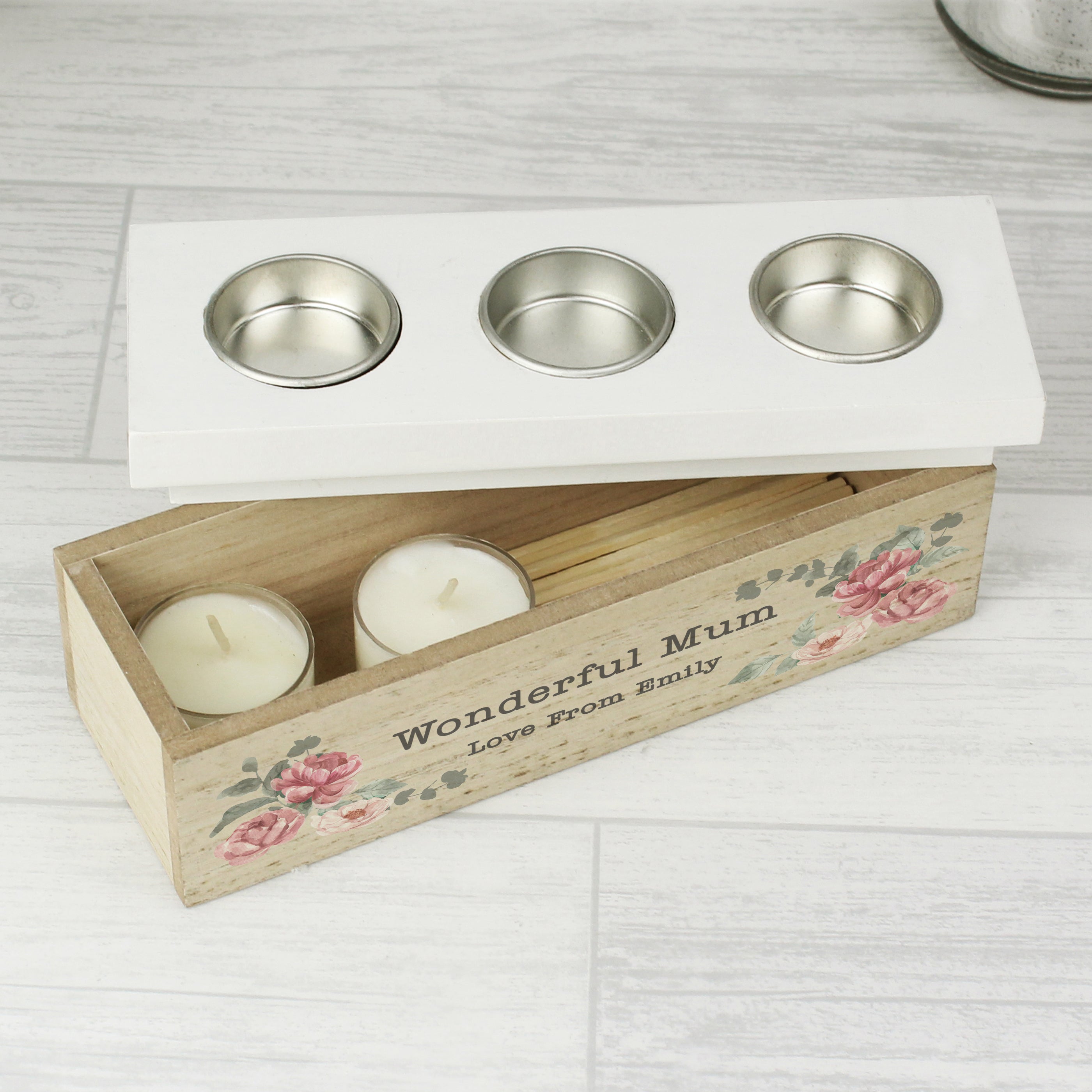 Personalised Floral Watercolour Triple Tealight Box