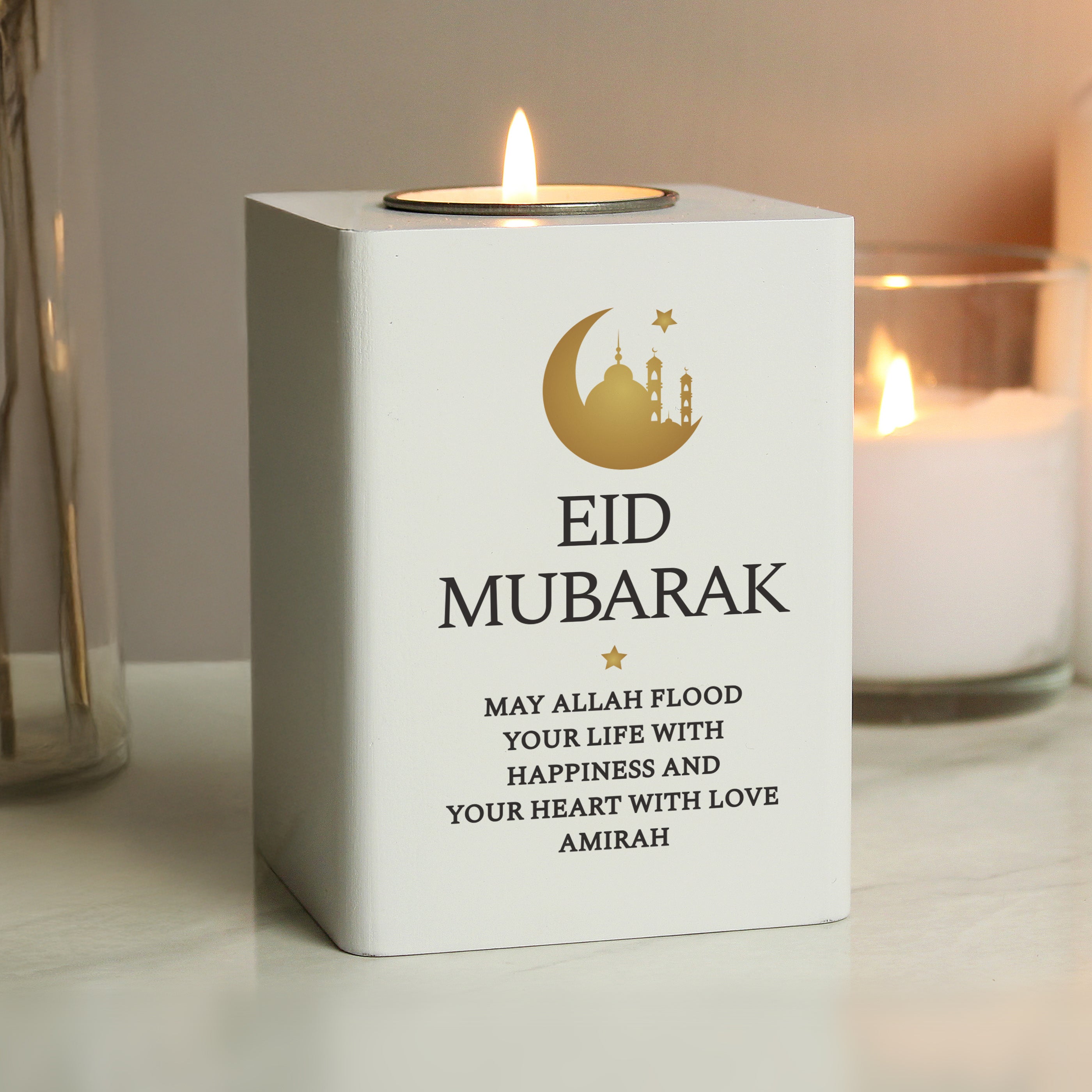 Personalised Eid and Ramadan White Wooden Tea light Holder