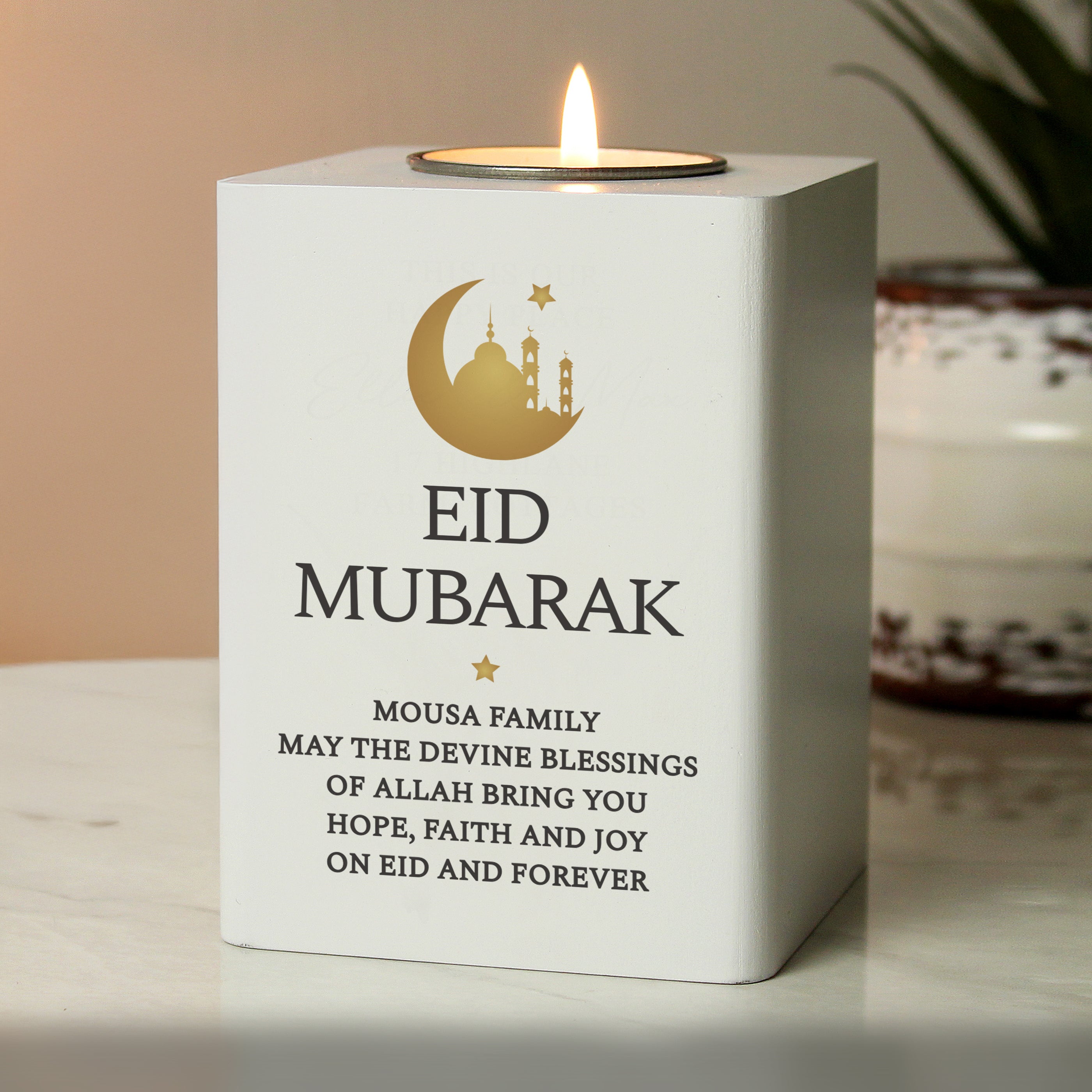 Personalised Eid and Ramadan White Wooden Tea light Holder