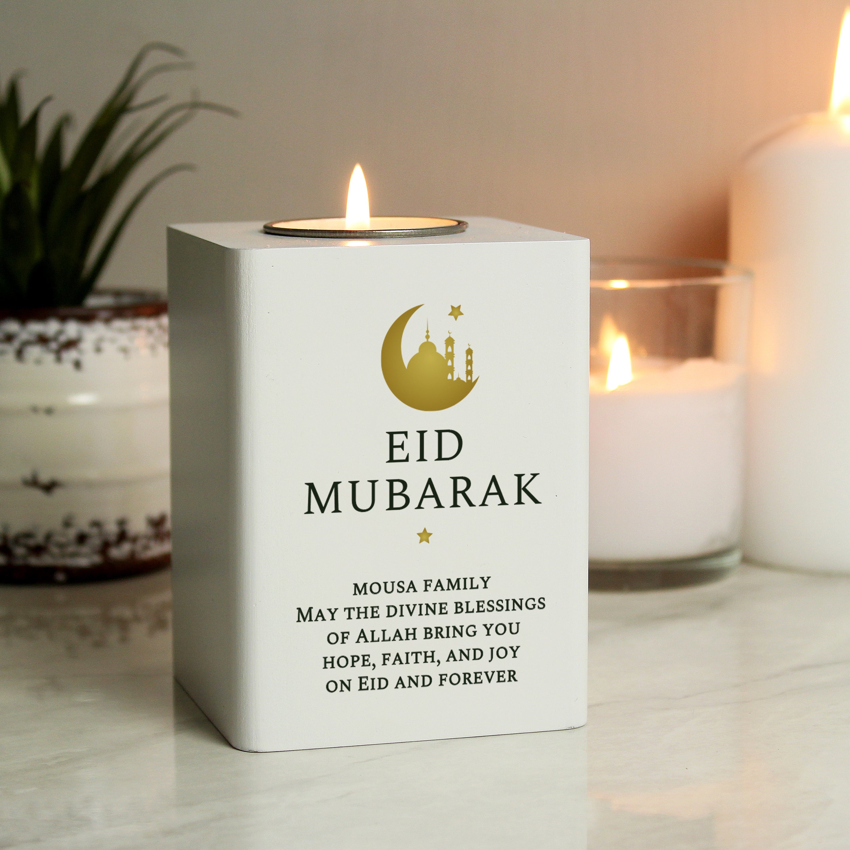 Personalised Eid and Ramadan White Wooden Tea Light Holder