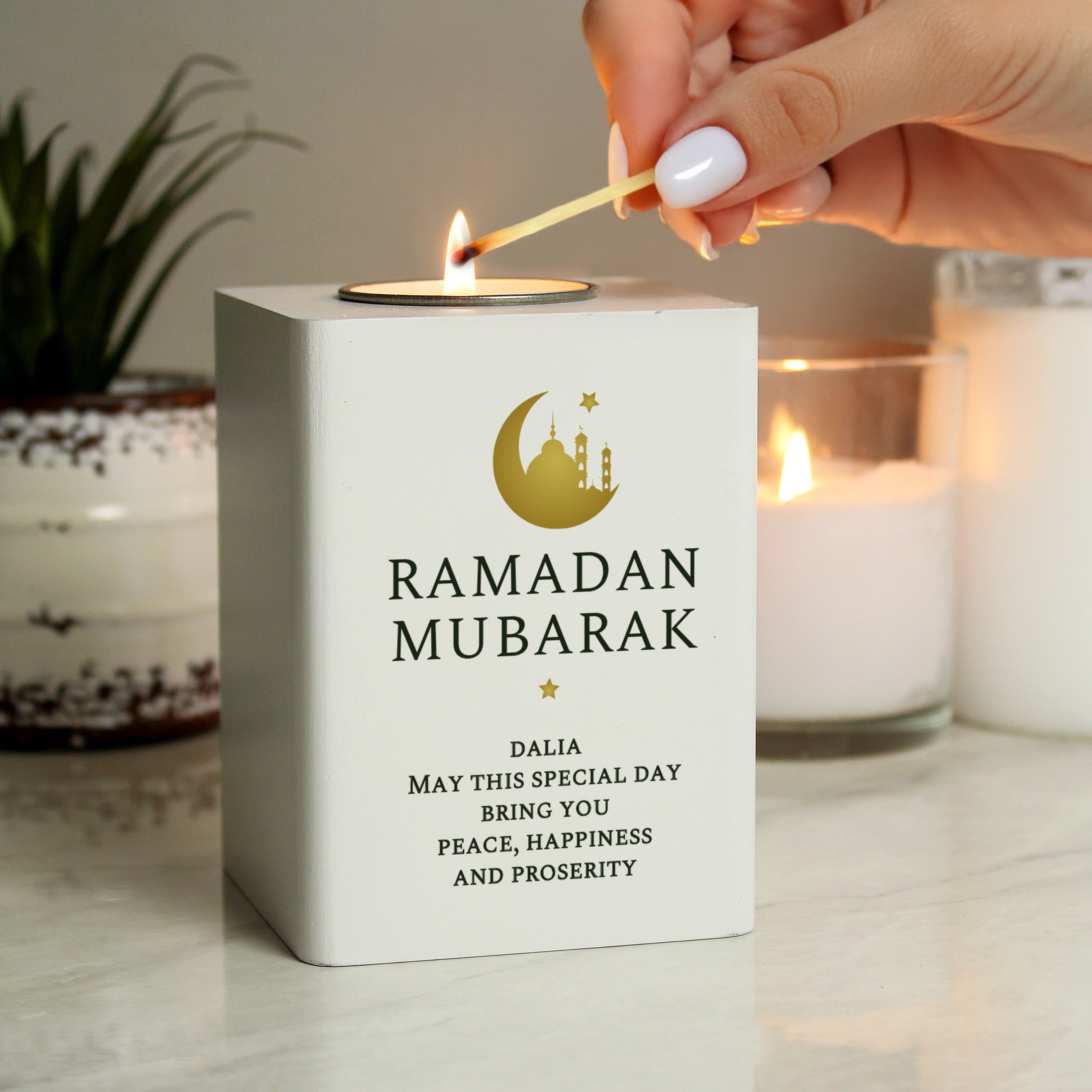 Personalised Eid and Ramadan White Wooden Tea light Holder