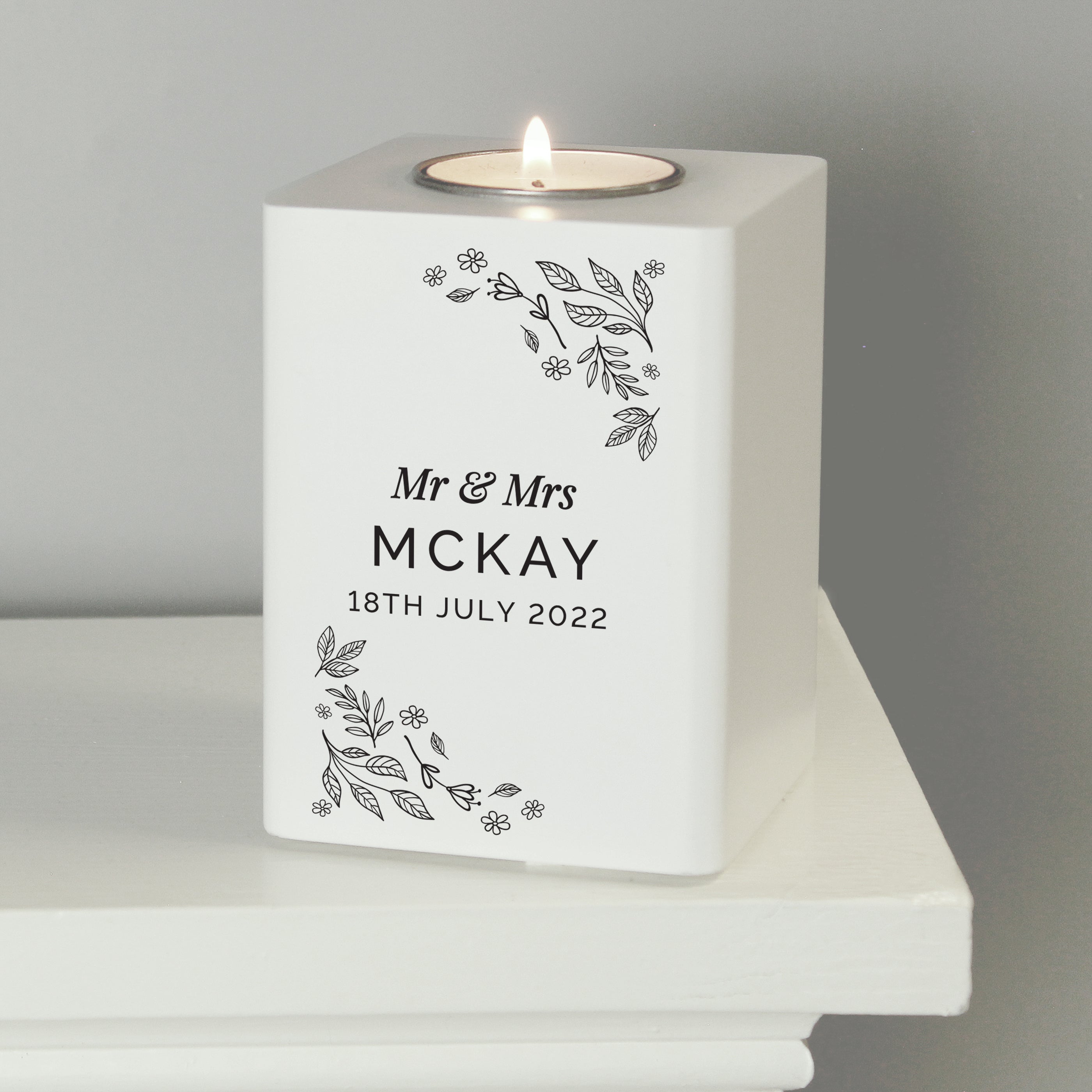 Personalised Floral Leaf White Wooden Tea Light Holder