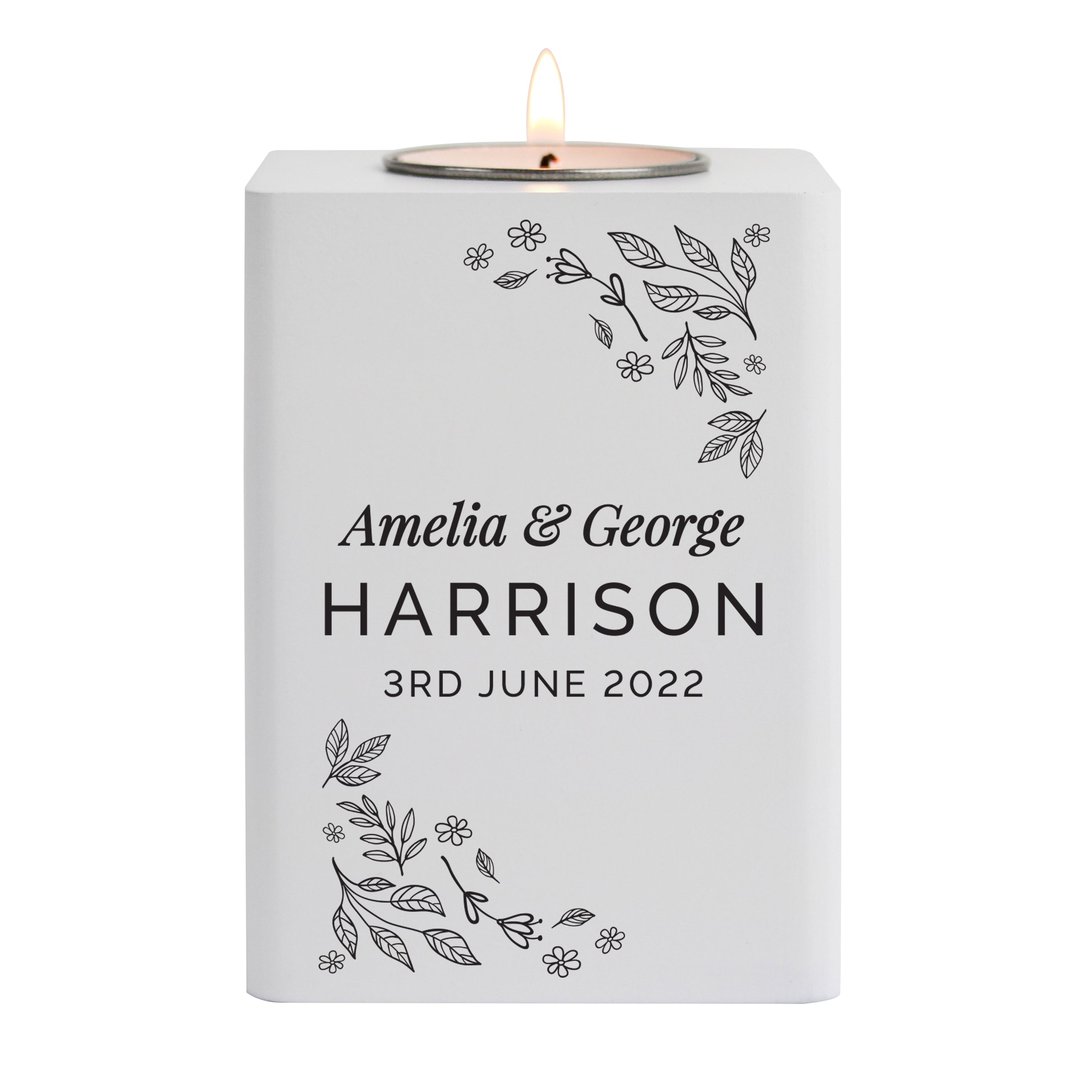 Personalised Floral Leaf White Wooden Tea Light Holder