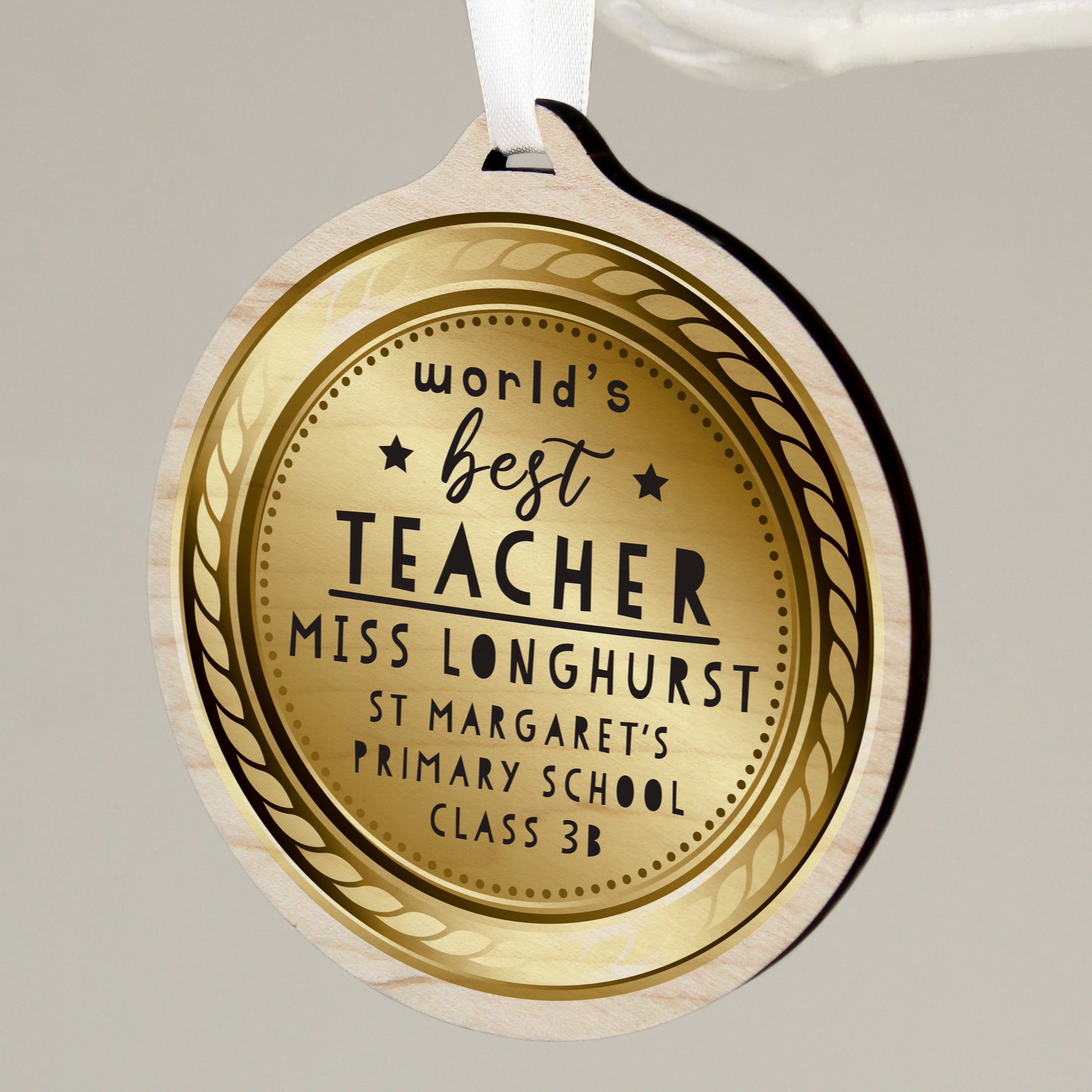 Personalised WorldÂ’s Best Teacher Round Wooden Medal