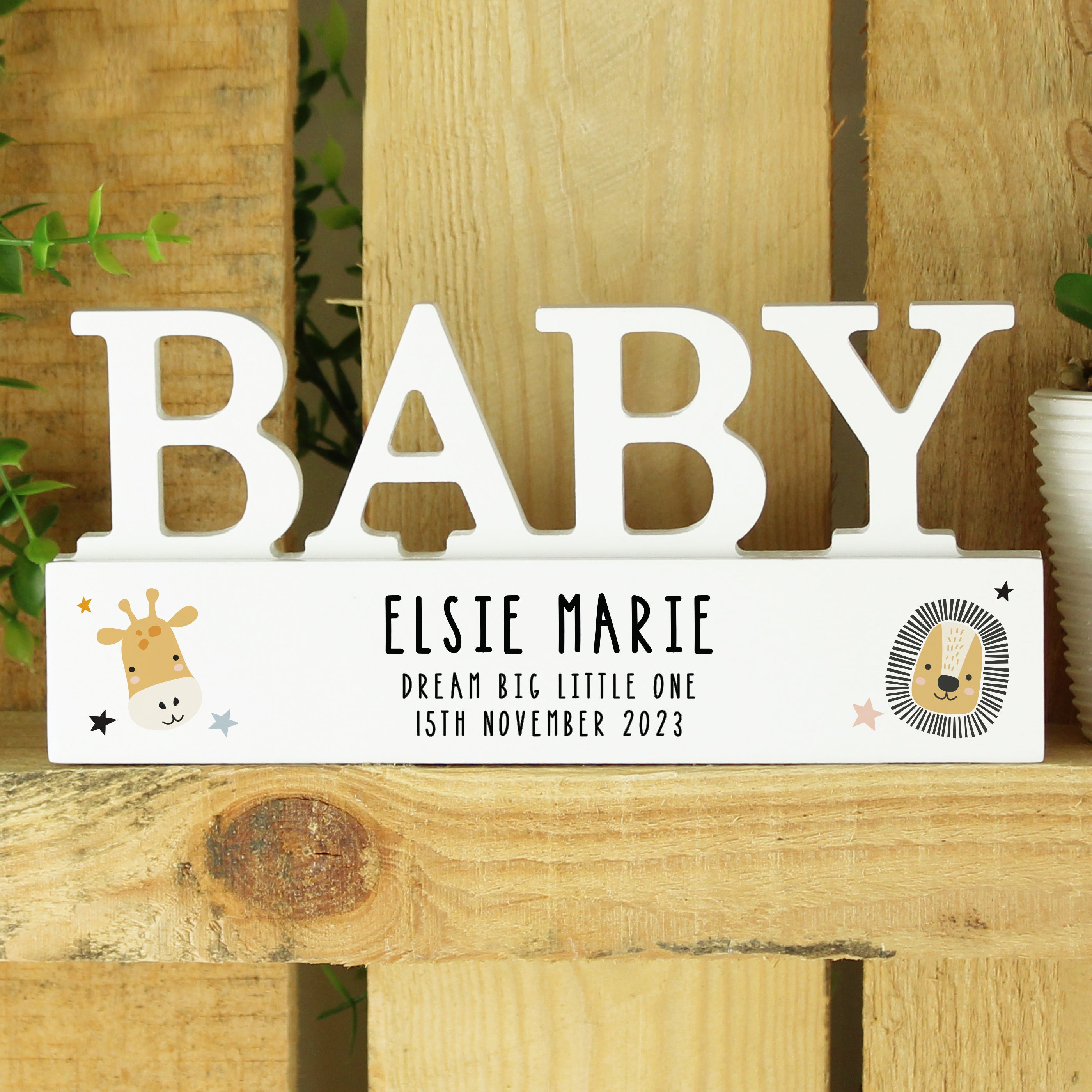 Personalised Scandi Safari Animals Wooden Baby Ornament