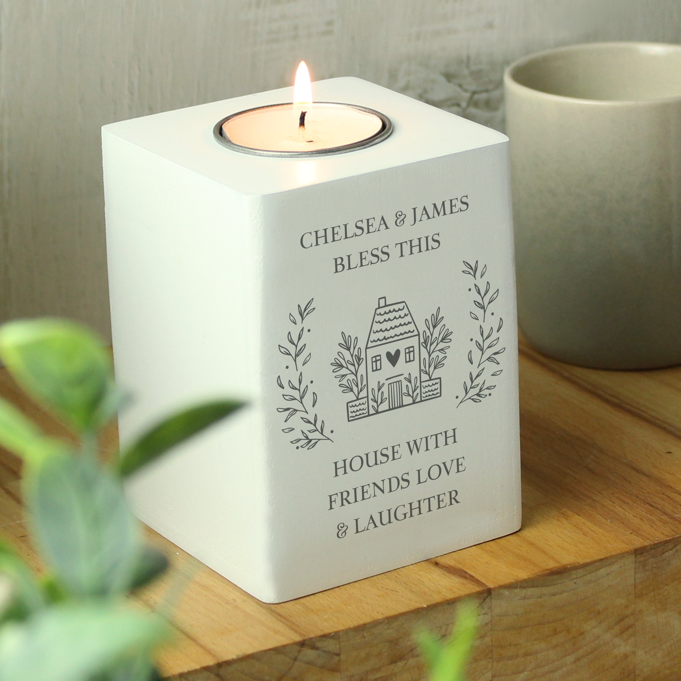 Personalised HOME Wooden Tea Light Holder