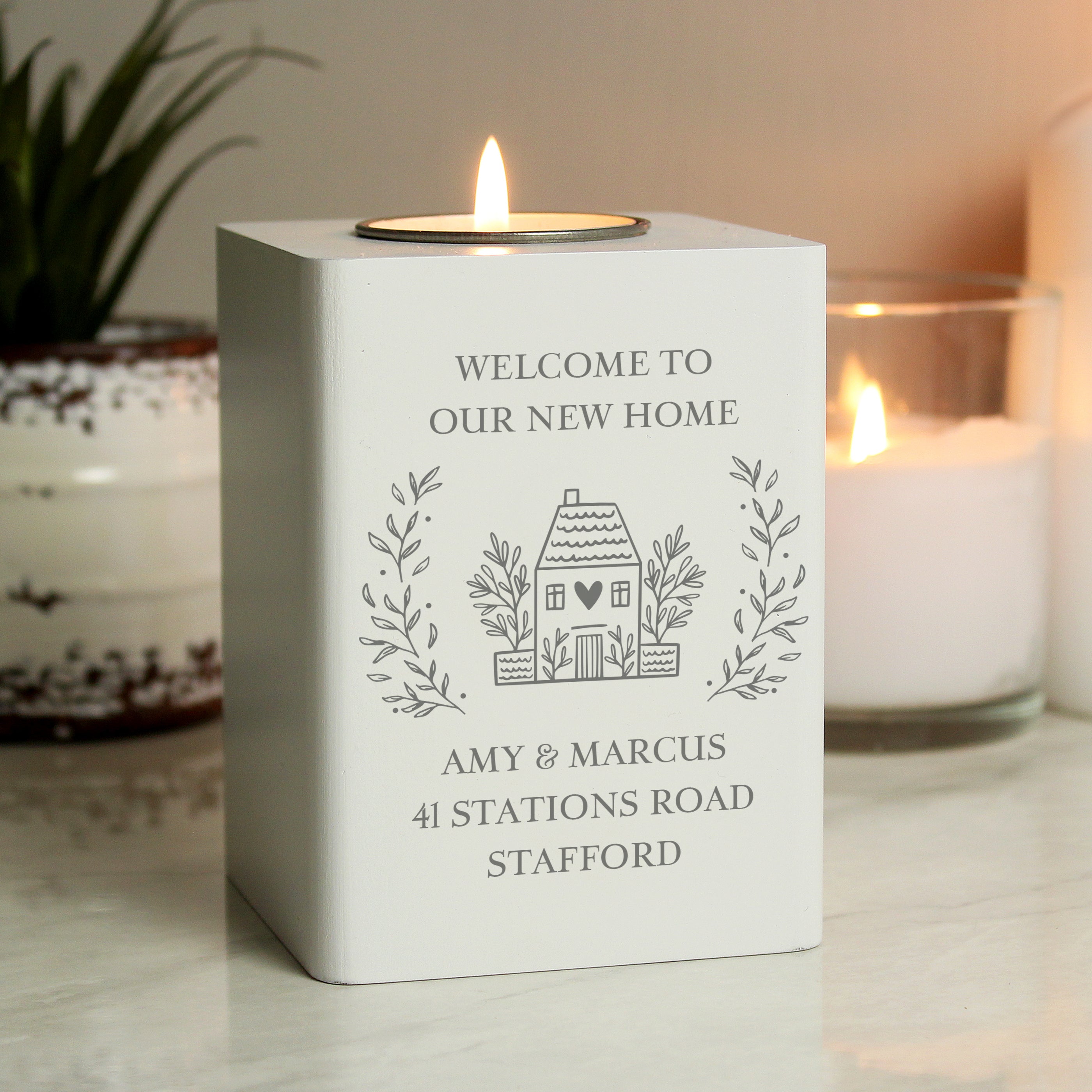 Personalised HOME Wooden Tea Light Holder