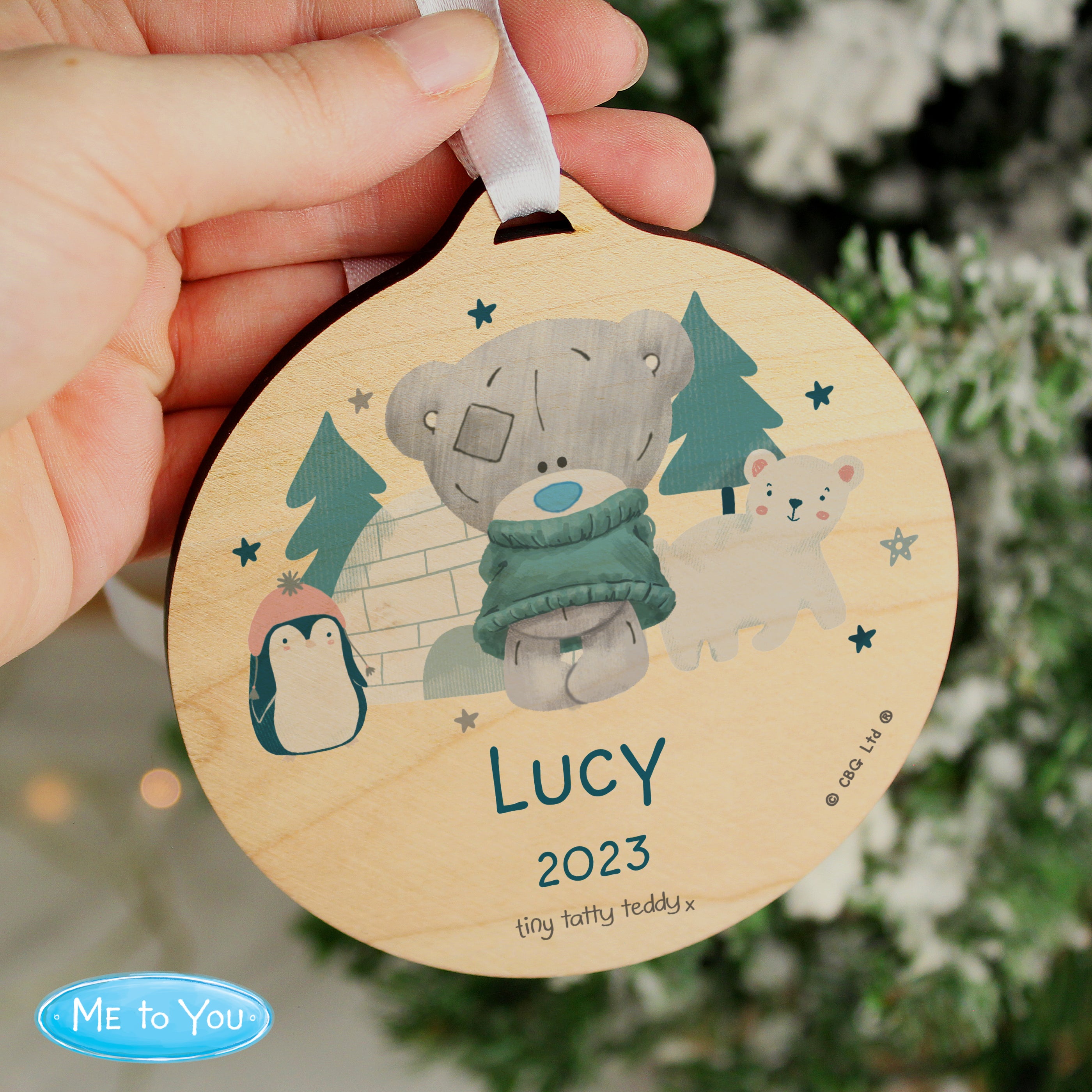 Personalised Winter Explorer Tiny Tatty Teddy Round Wooden Decoration