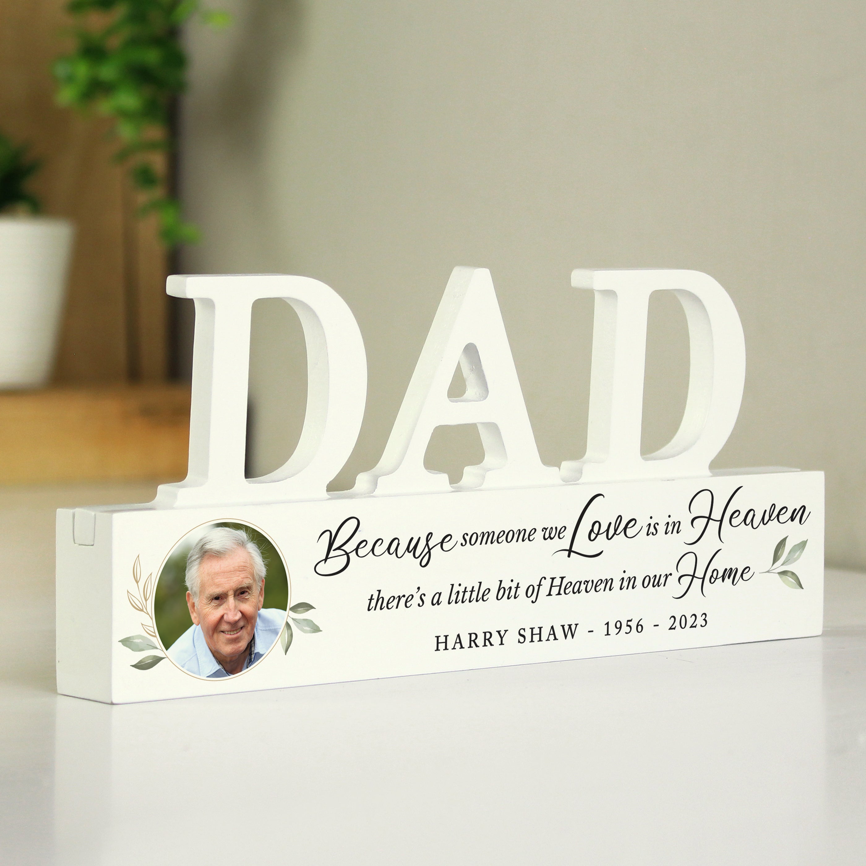 Personalised Botanical Memorial Photo Upload Wooden Dad Ornament