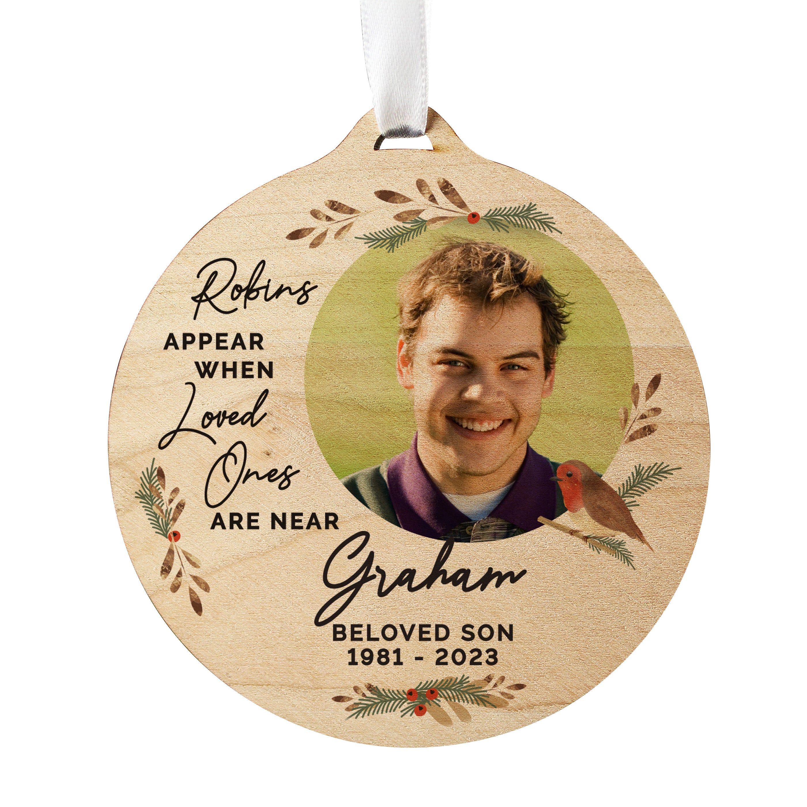 Personalised Photo Upload Robin Memorial Wooden Decoration