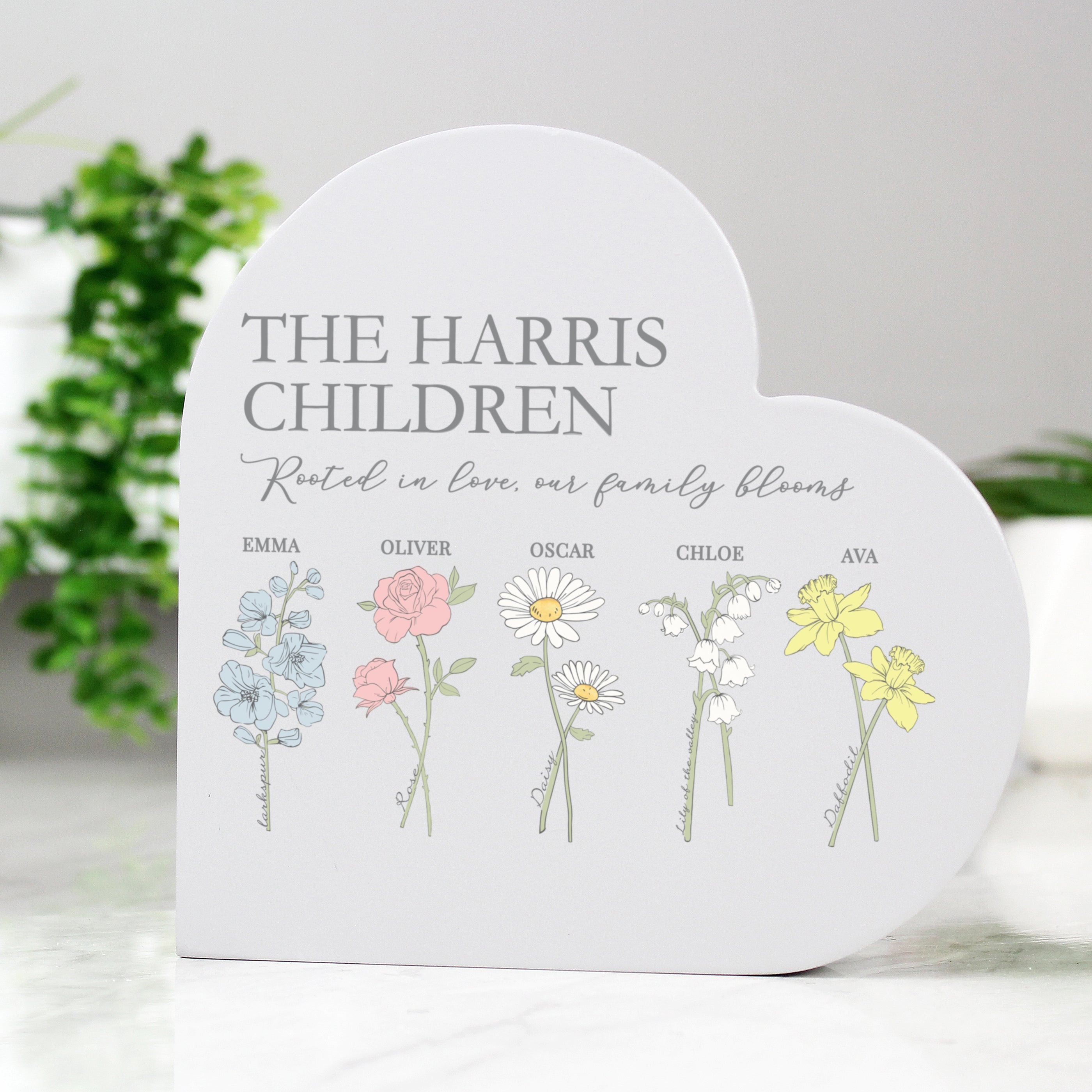 Personalised Flower of the Month Family Heart Ornament