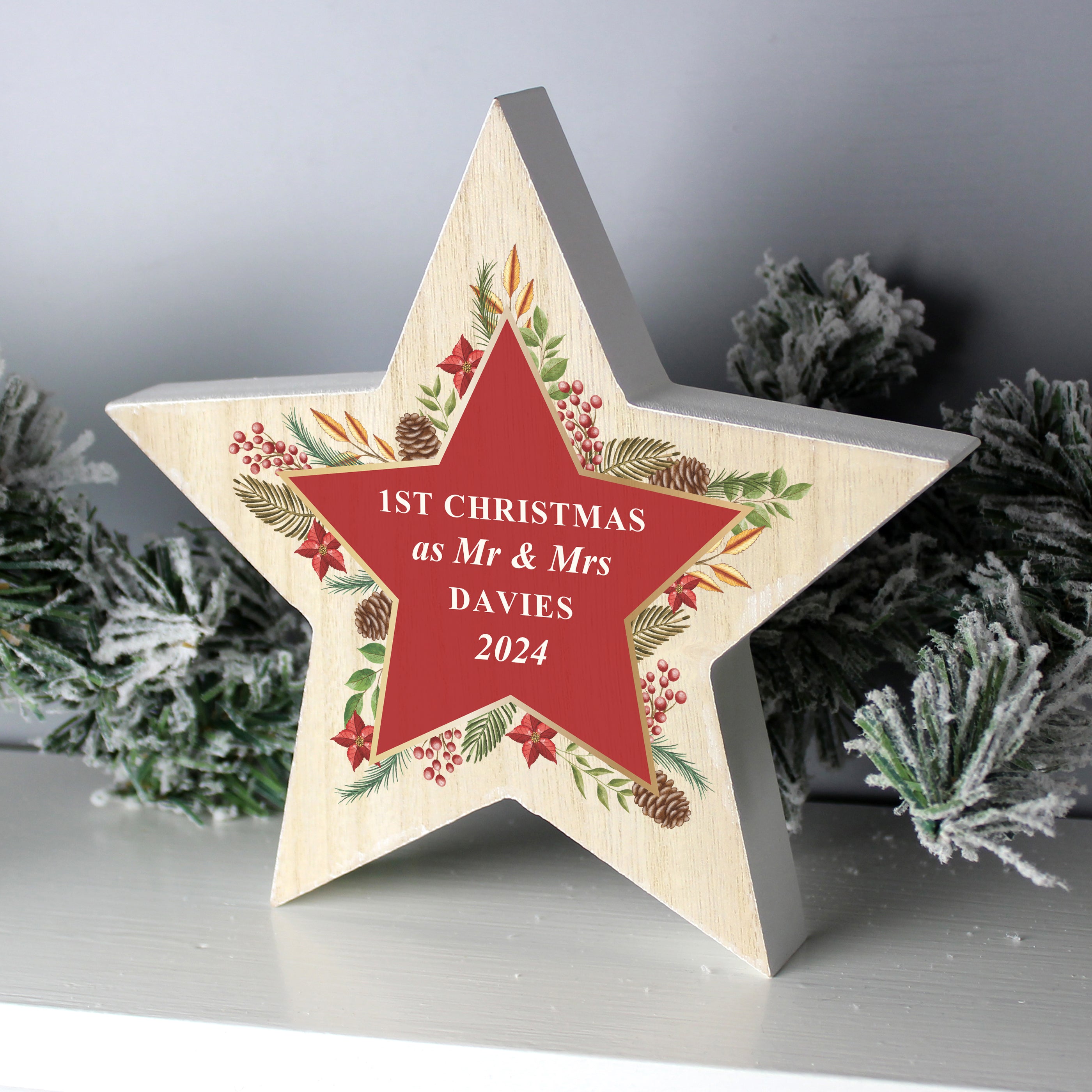 Personalised Christmas Wreath Wooden Star Ornament