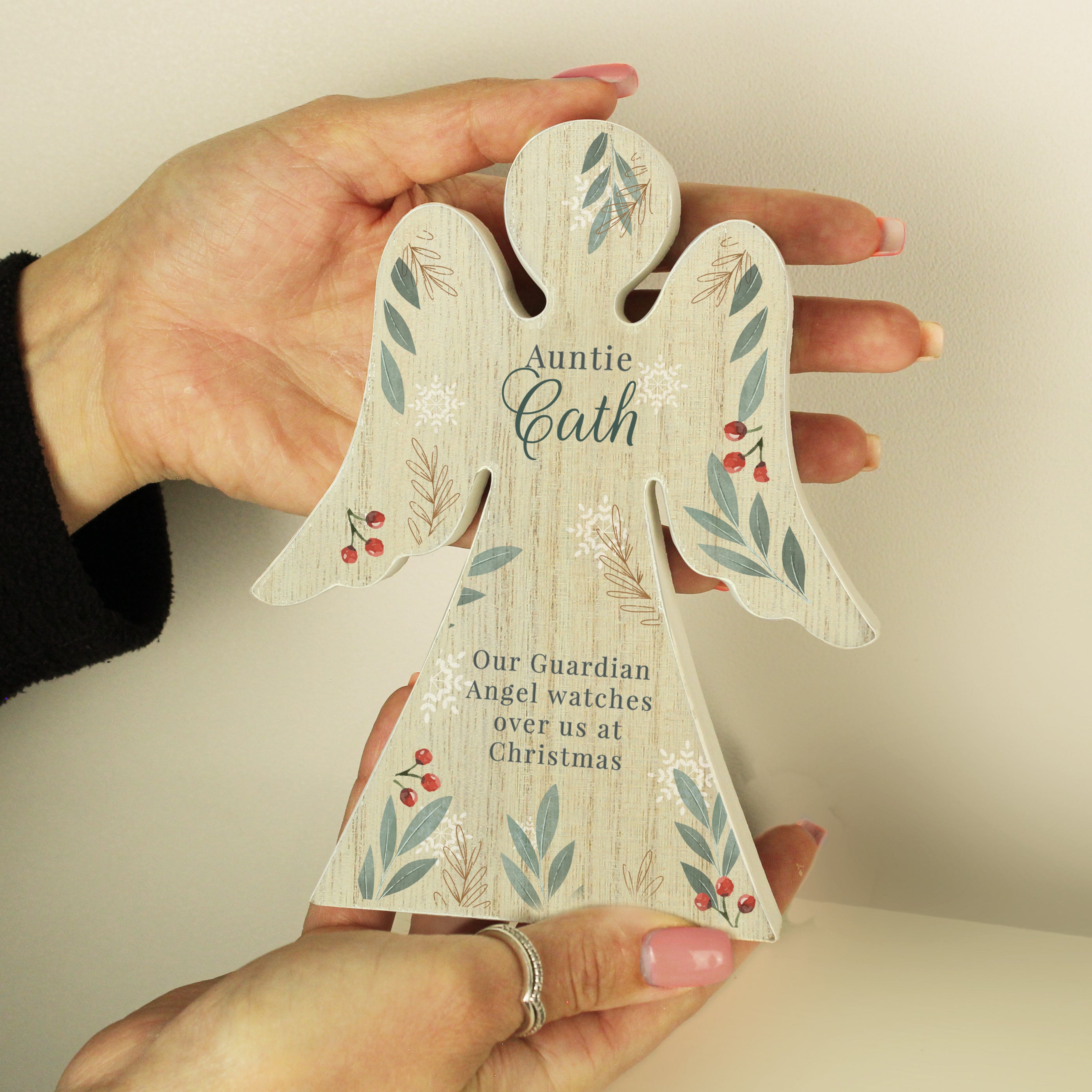 Personalised Christmas Foliage Wooden Angel Ornament