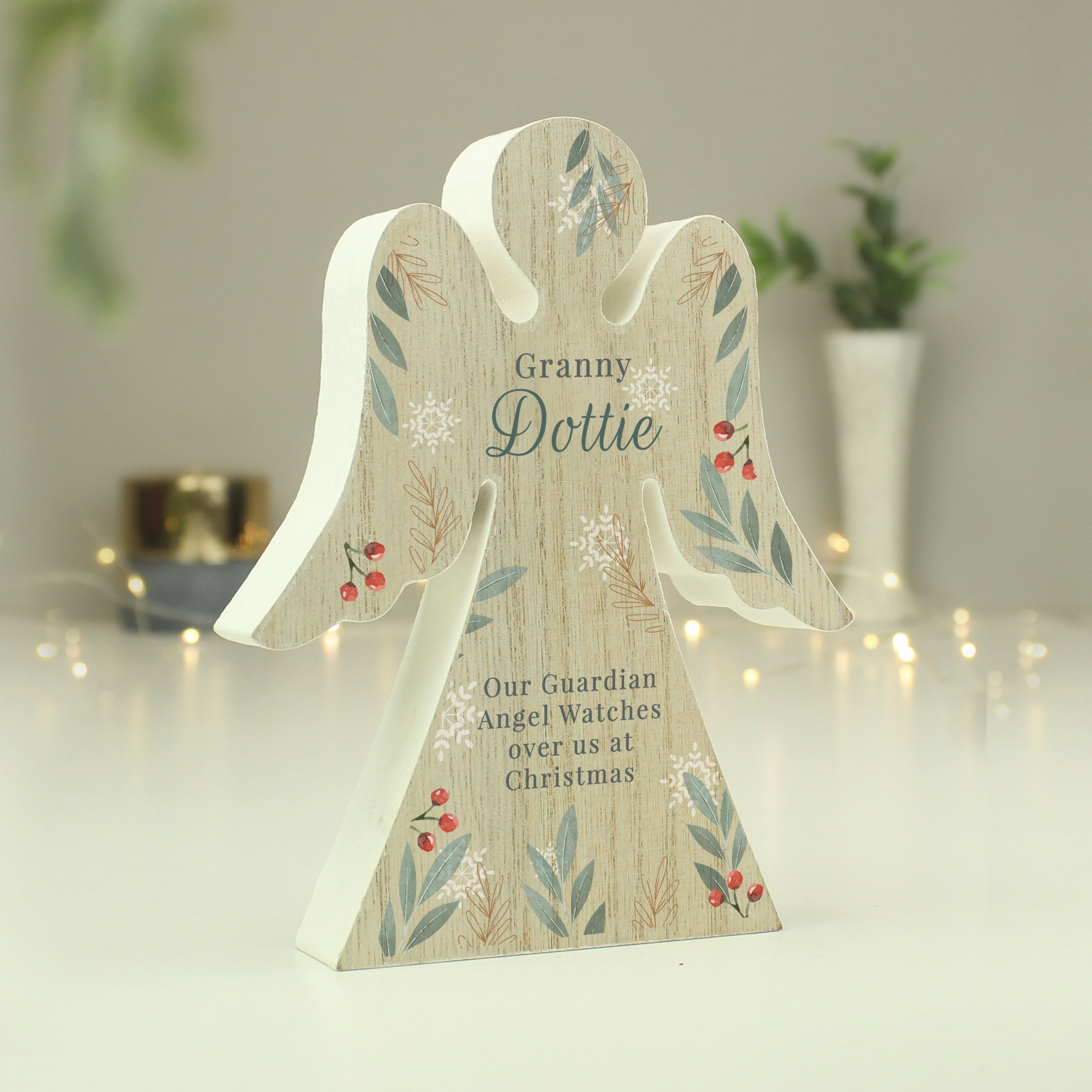 Personalised Christmas Foliage Wooden Angel Ornament