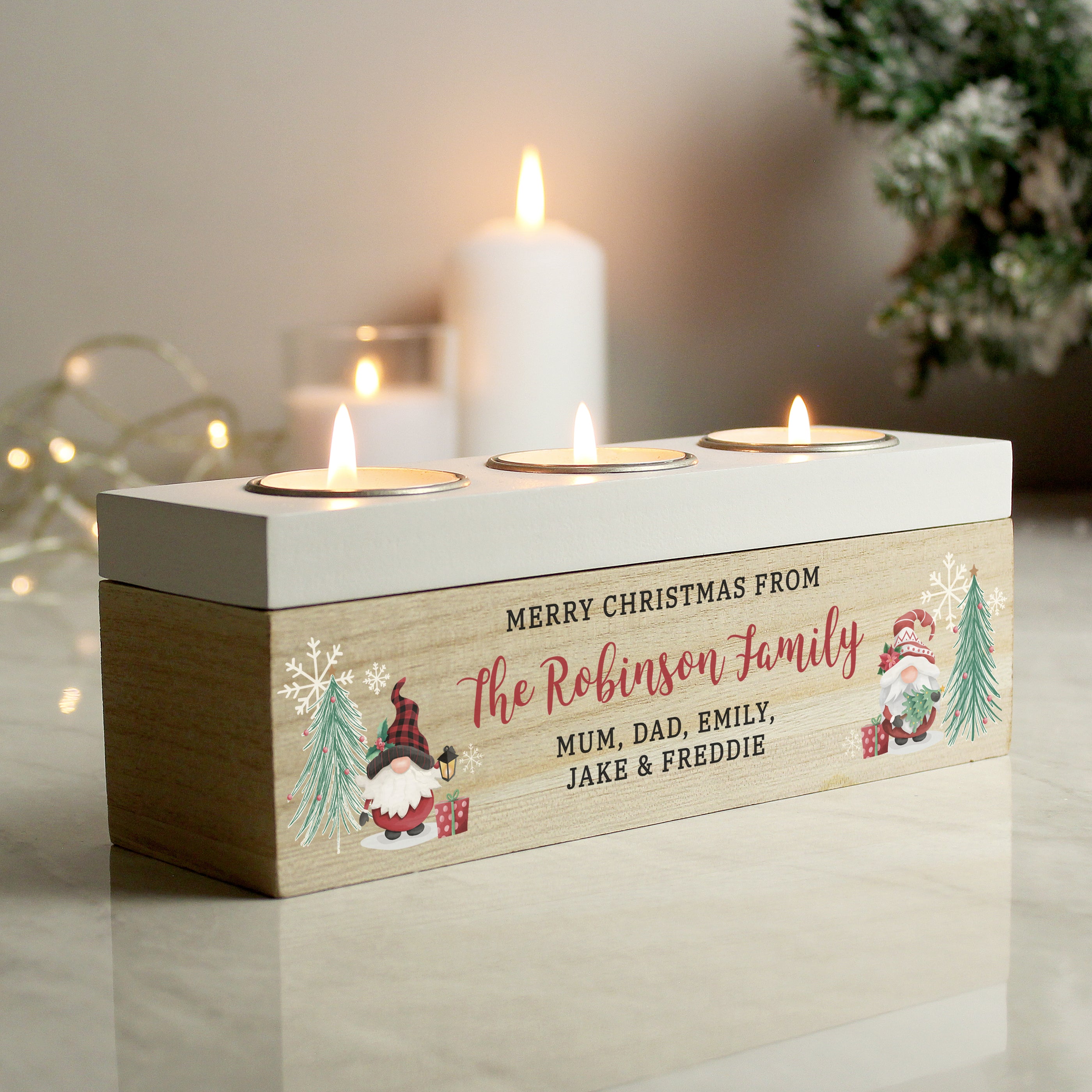 Personalised Christmas Gonk Triple Tea Light Box