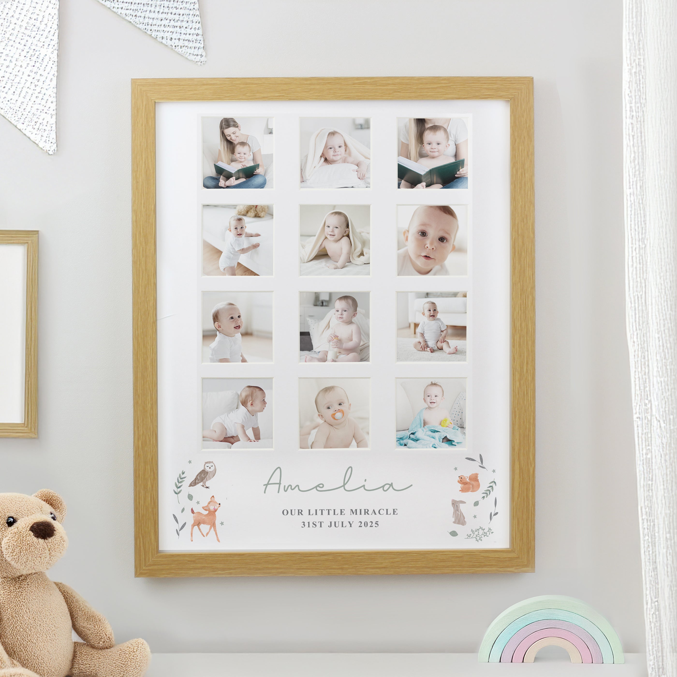 Personalised Woodland Animal Oak Multi Photo Frame