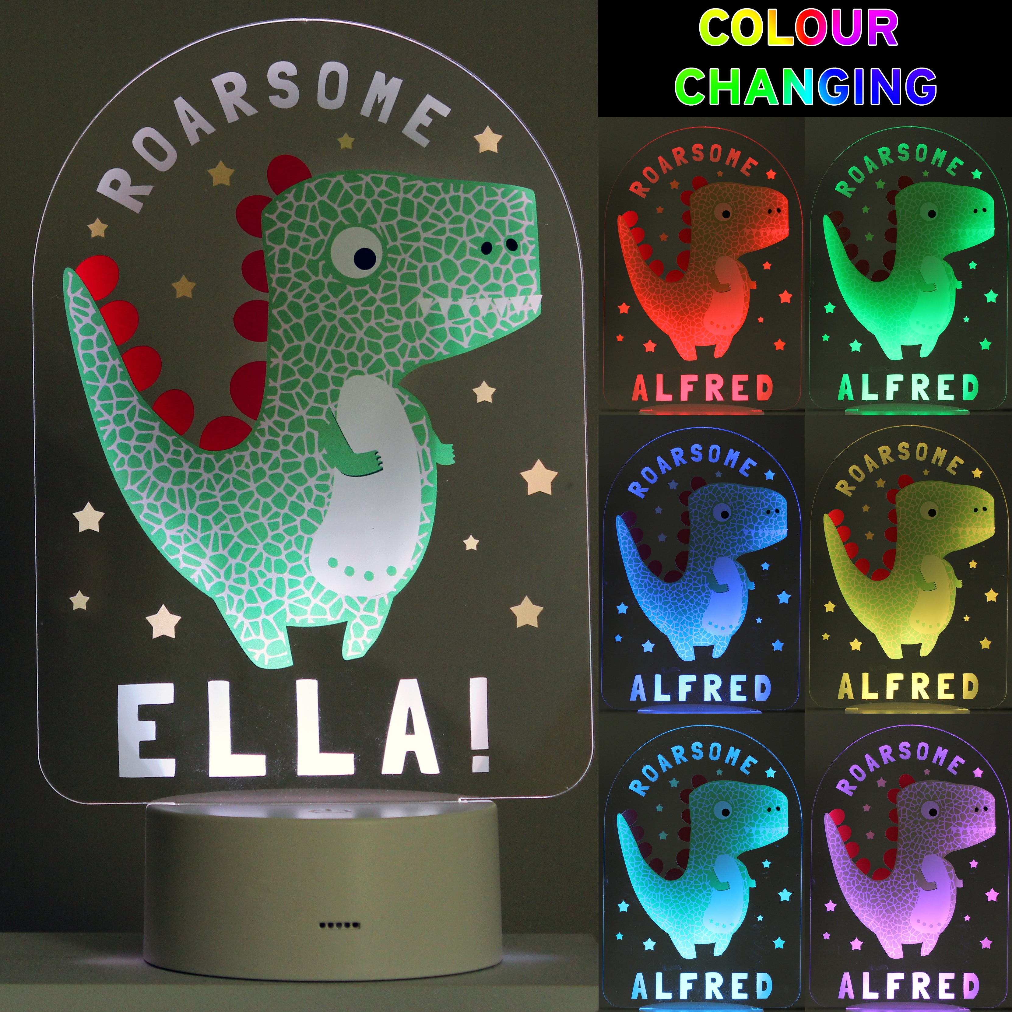 Personalised Roarsome Dinosaur LED Colour Changing Night Light