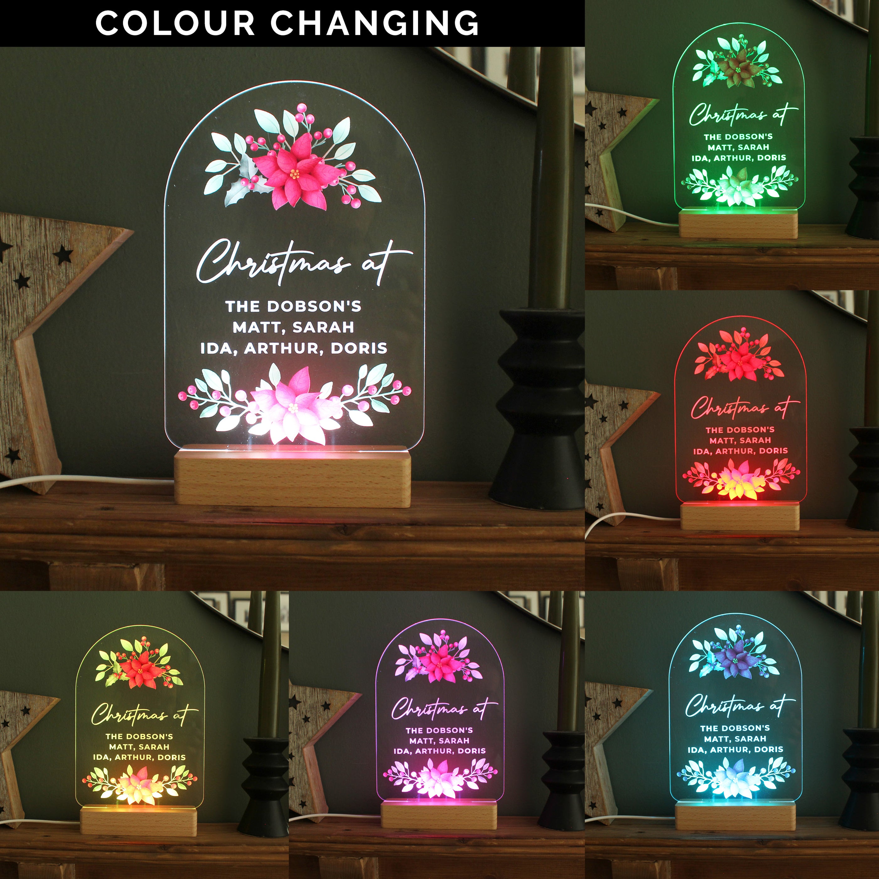 Personalised Christmas Poinsettia Wooden Based LED Light