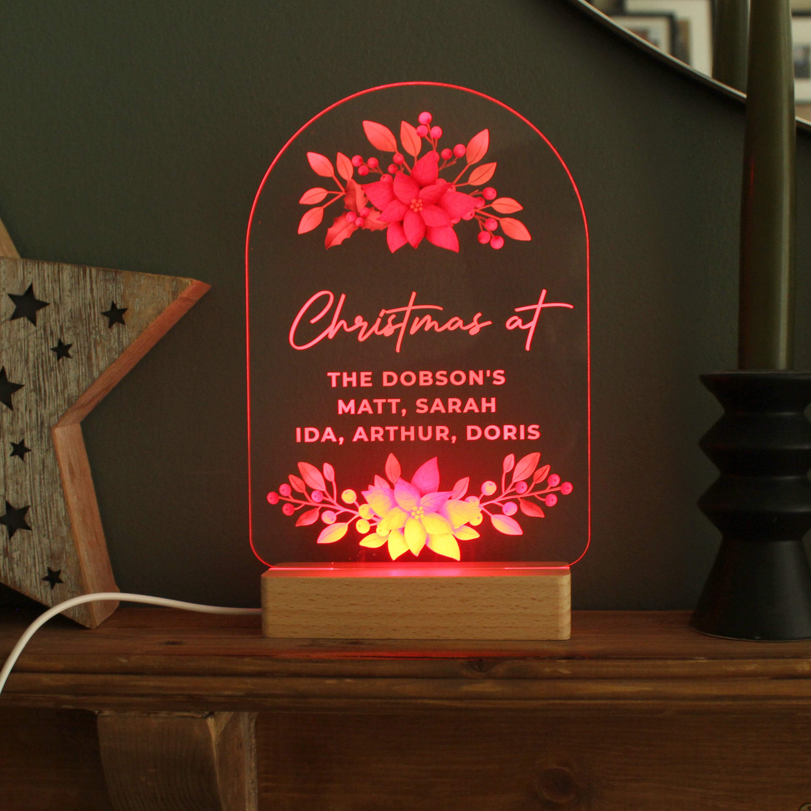 Personalised Christmas Poinsettia Wooden Based LED Light