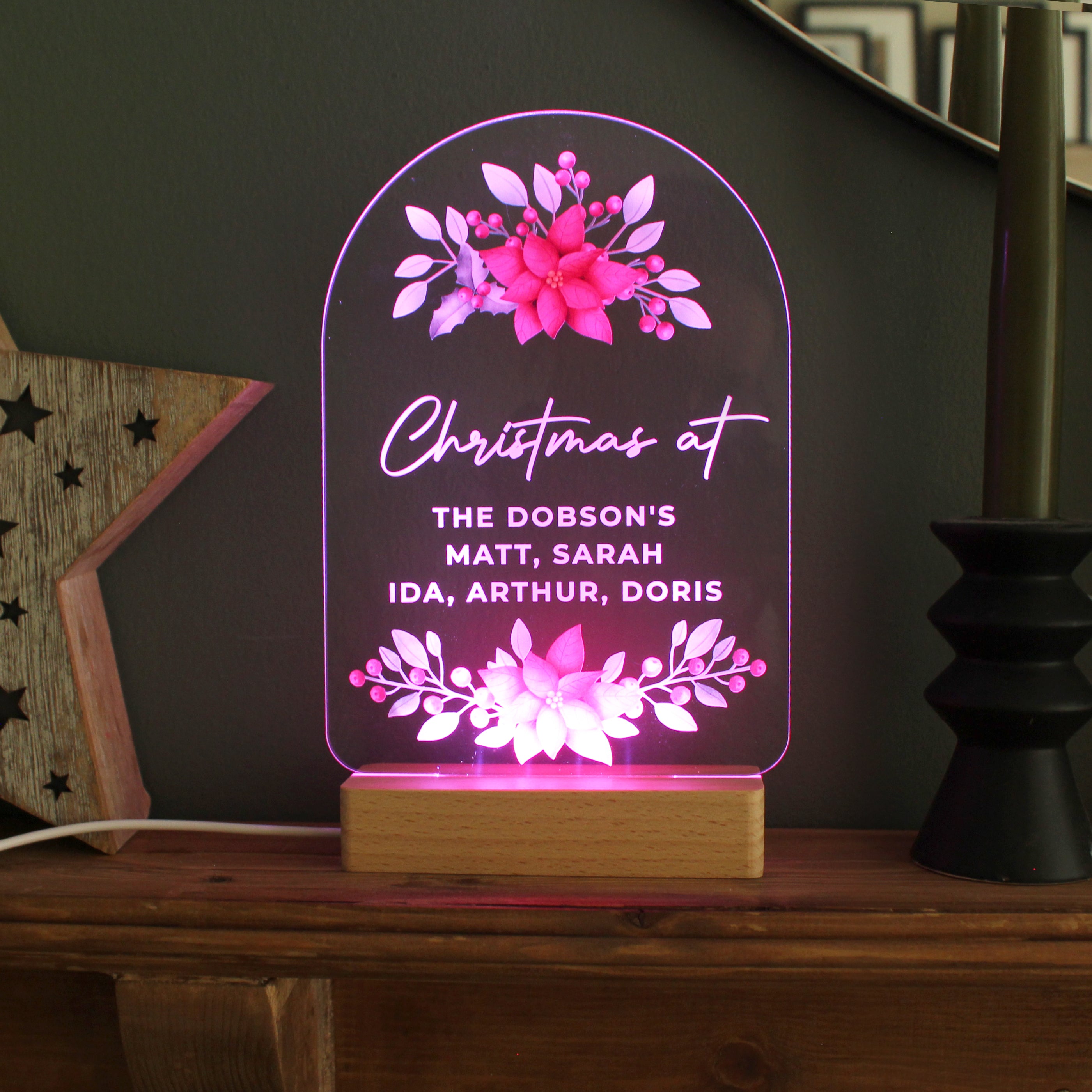 Personalised Christmas Poinsettia Wooden Based LED Light