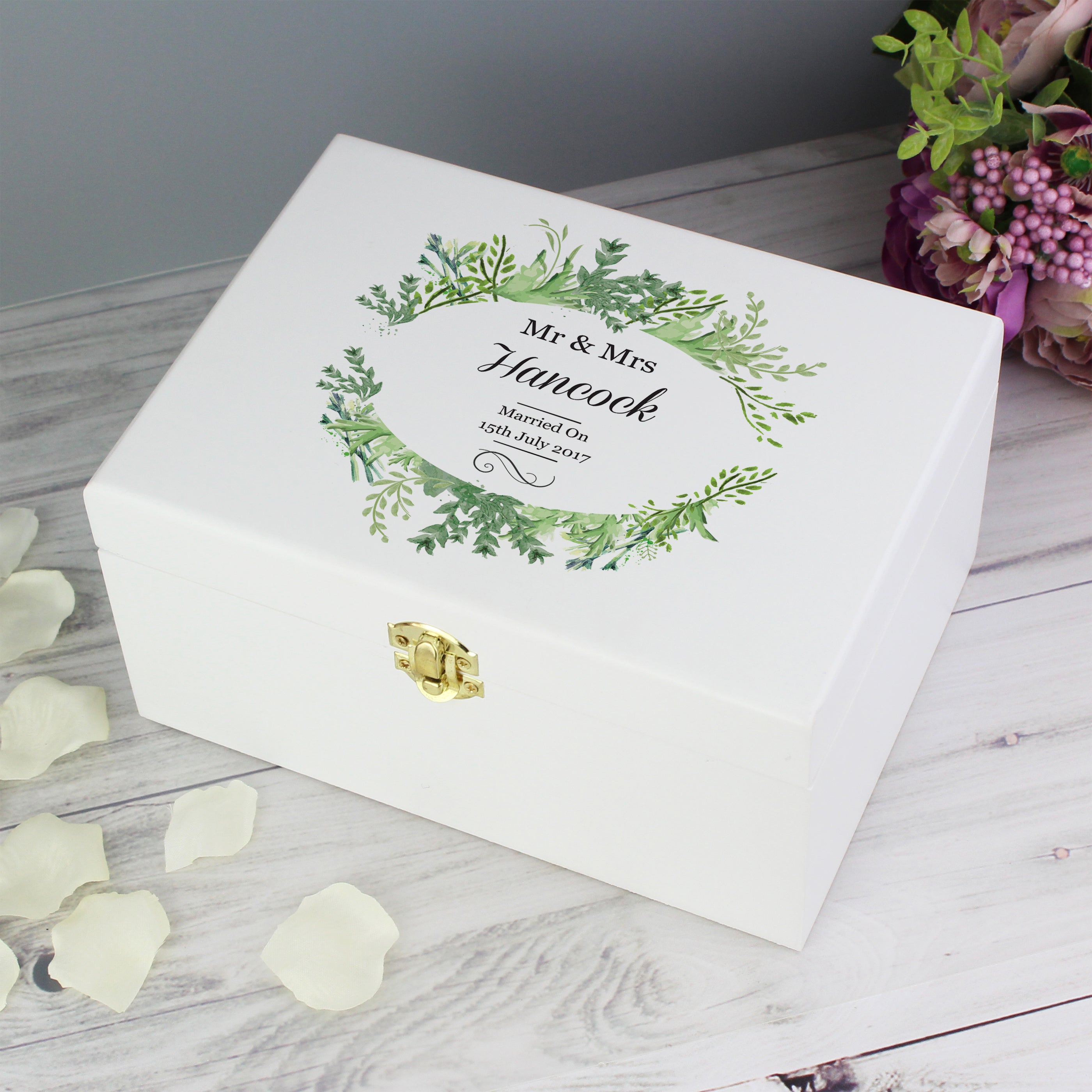 Personalised Fresh Botanical White Wooden Keepsake Box