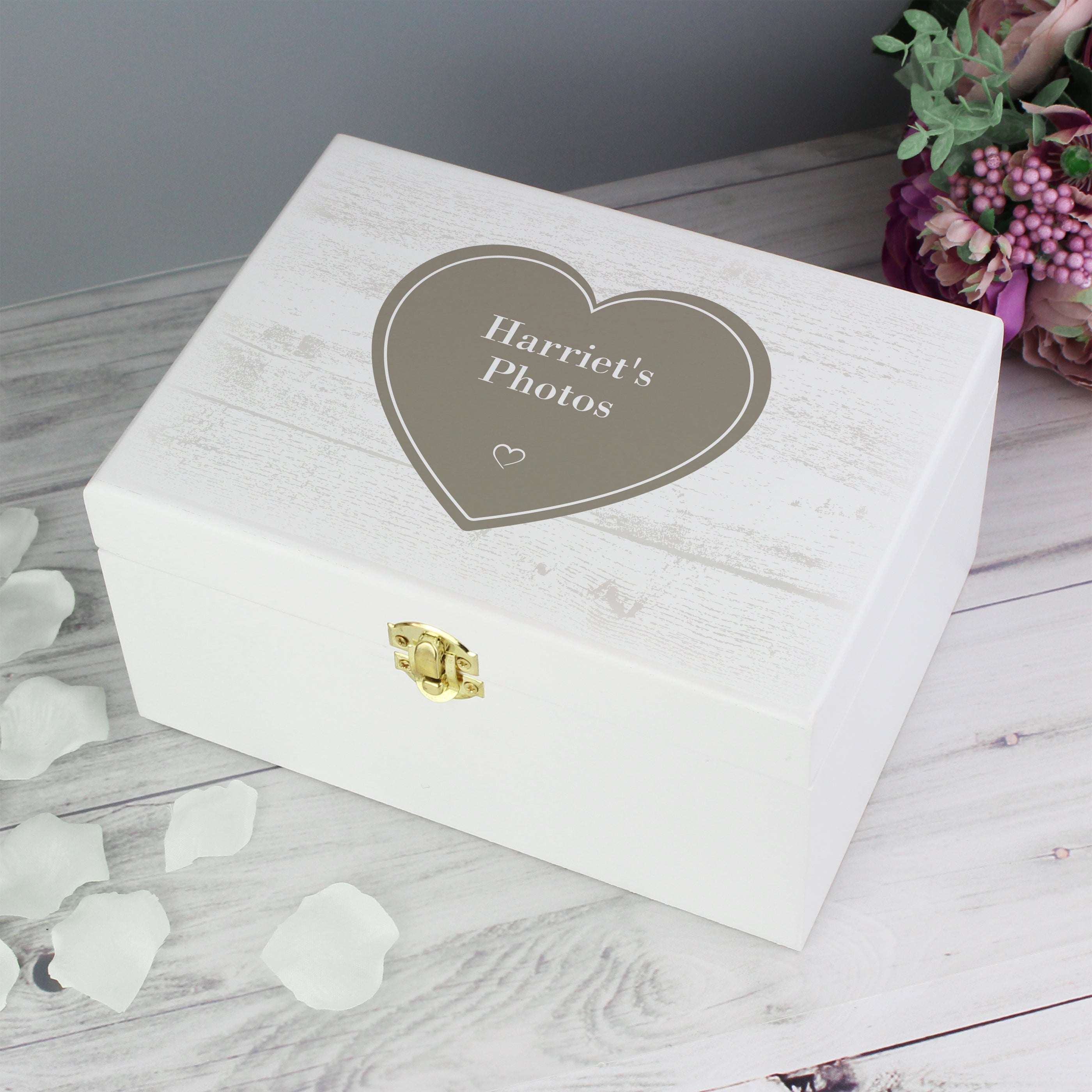 Personalised Rustic Heart White Wooden Keepsake Box