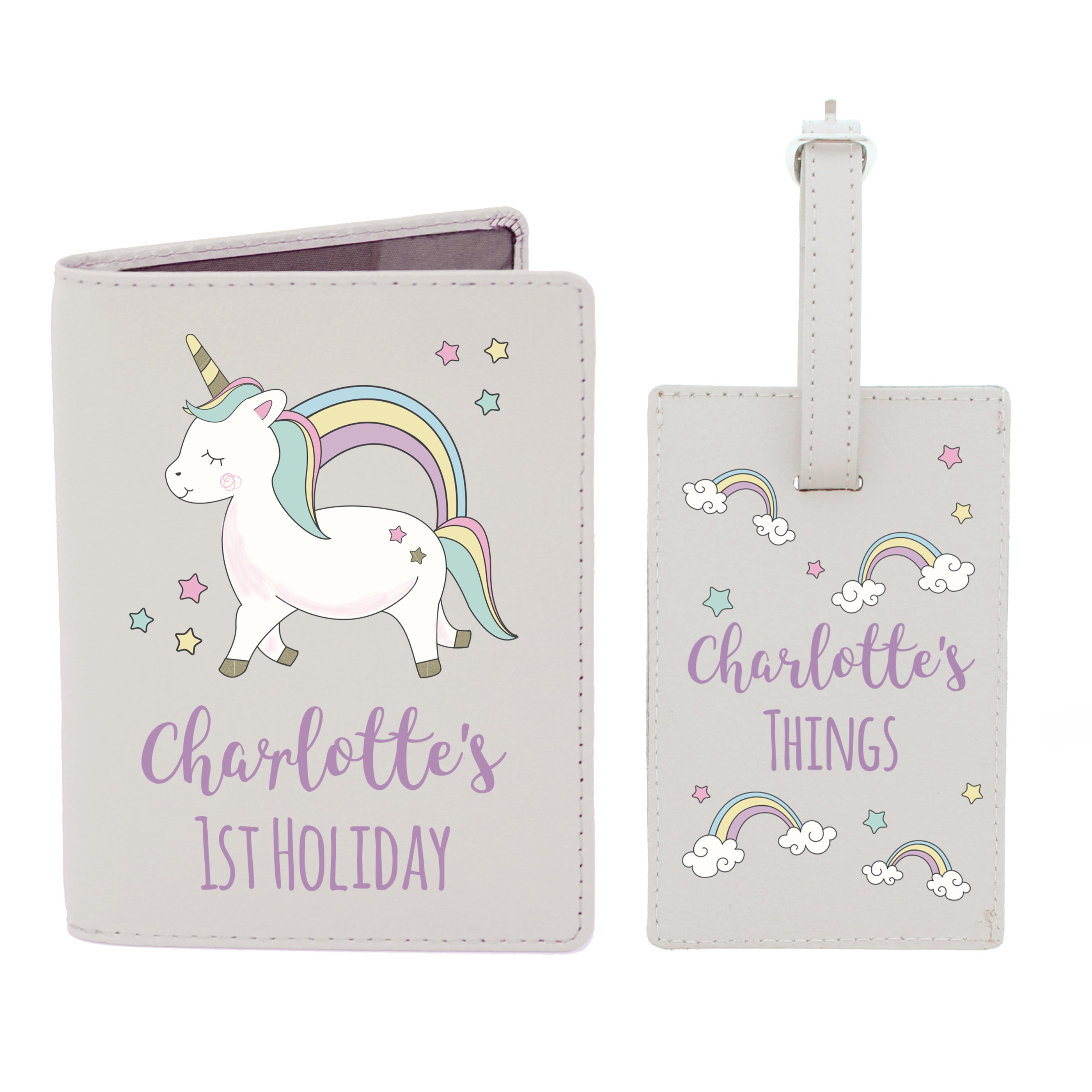 Personalised Baby Unicorn Cream Passport Holder & Luggage Tag Set