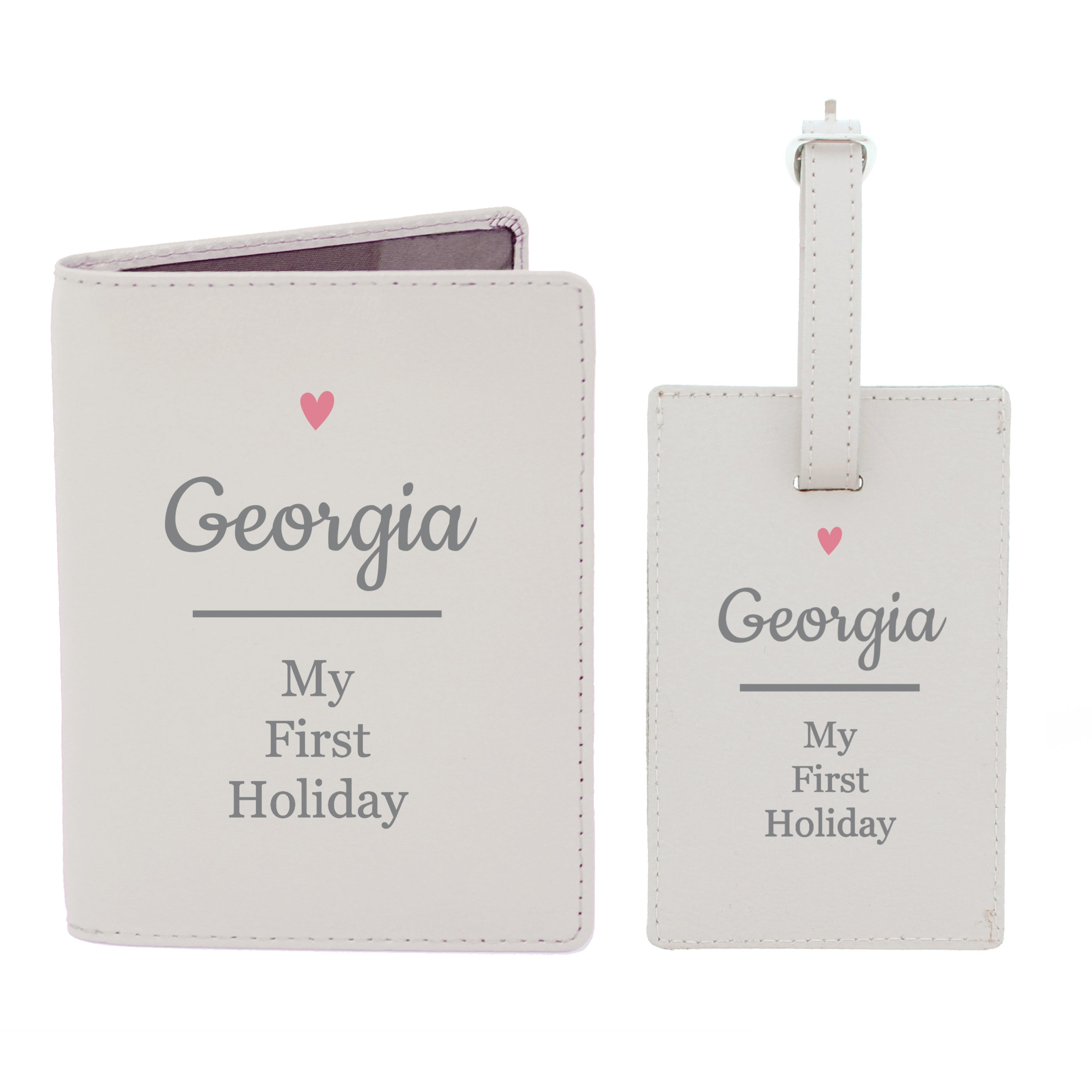 Personalised Pink Heart Cream Passport Holder & Luggage Tag Set