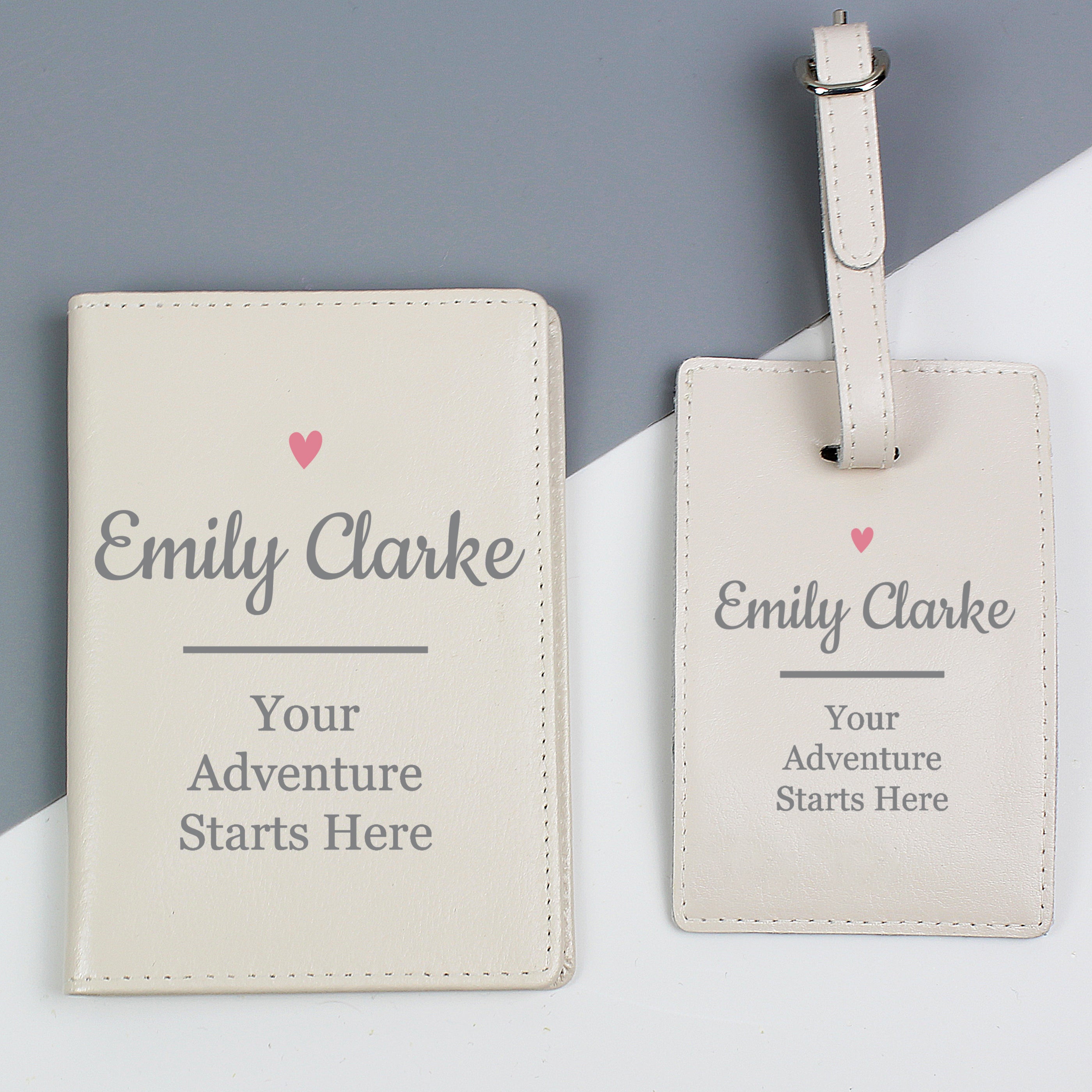 Personalised Pink Heart Cream Passport Holder & Luggage Tag Set