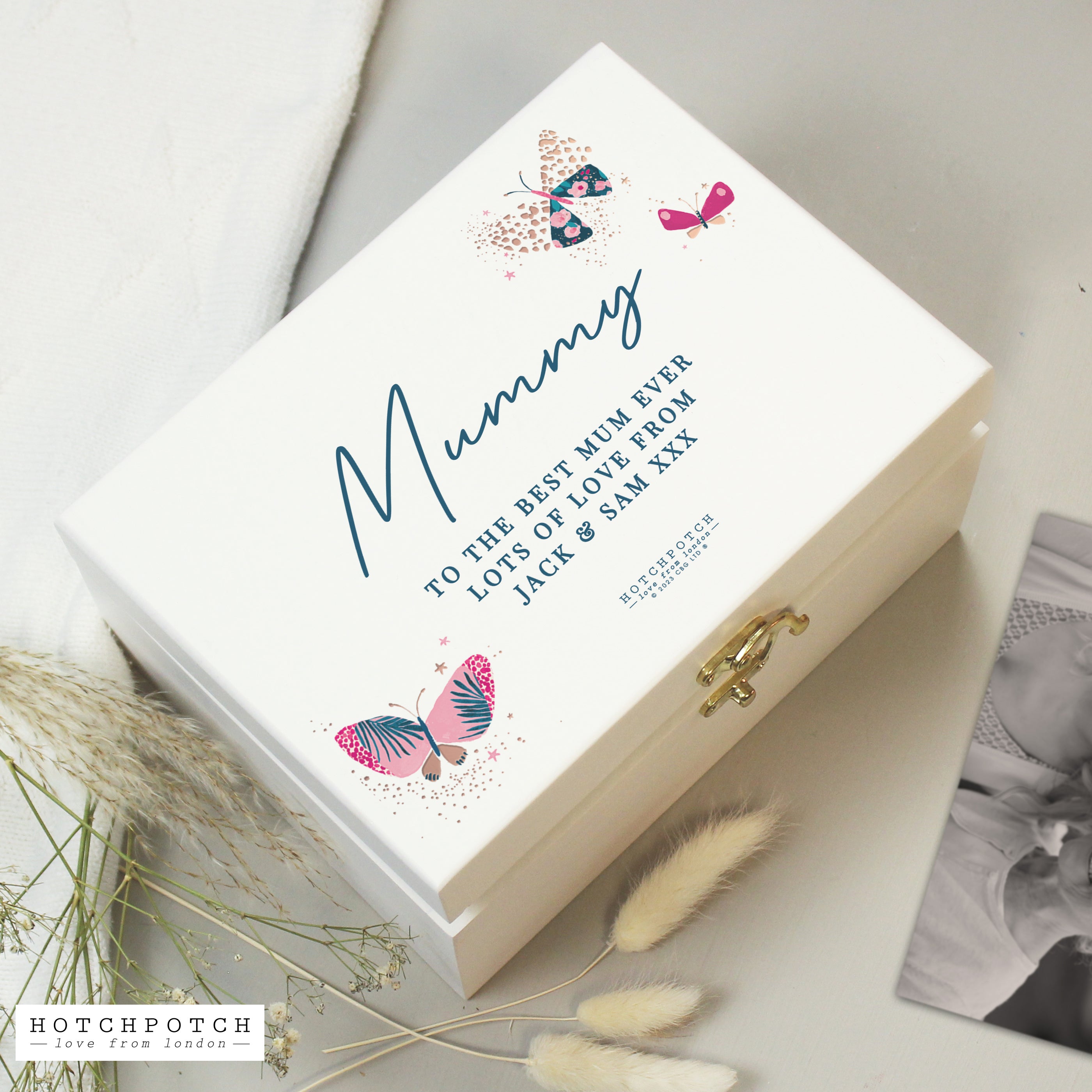 Personalised Hotchpotch Butterfly White Wooden Keepsake Box