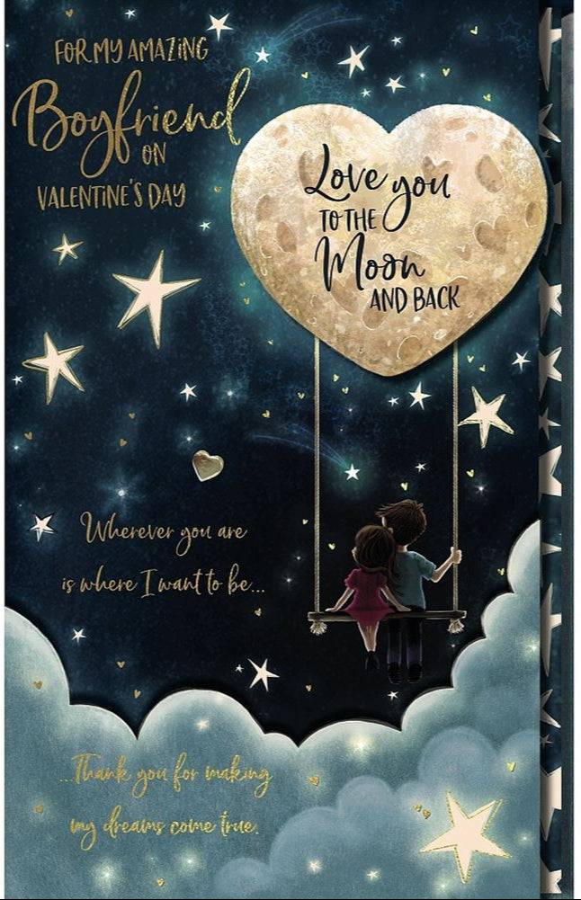 Boyfriend Valentines Day Card - Couple Sat on Moon Swing