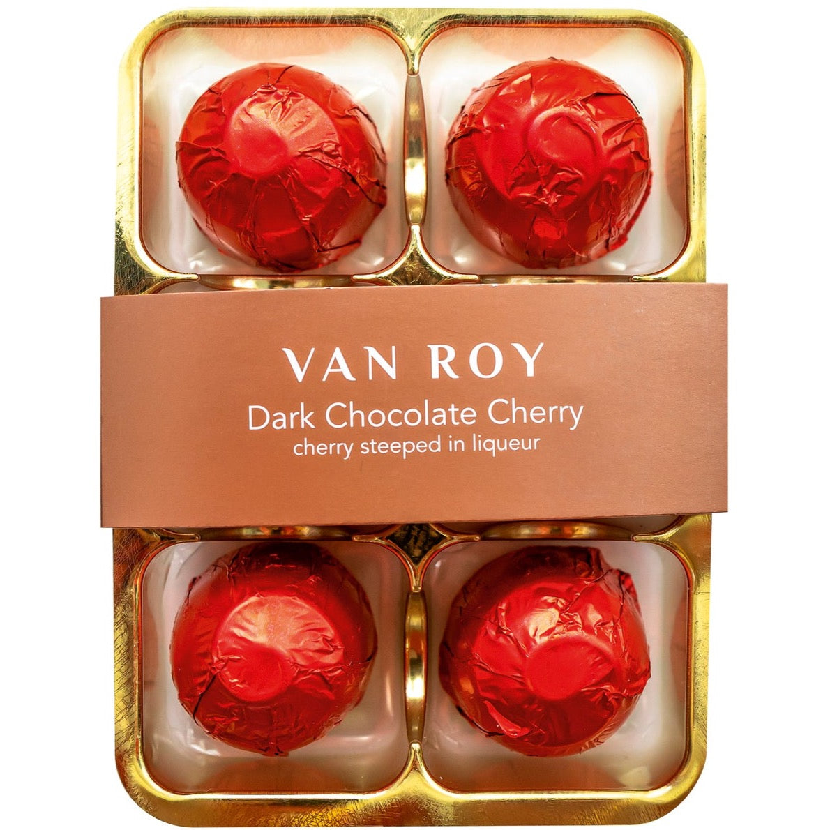 Van Roy 6 Pack of Red Foiled Cherry Liqueurs in Dark Chocolate in Cello