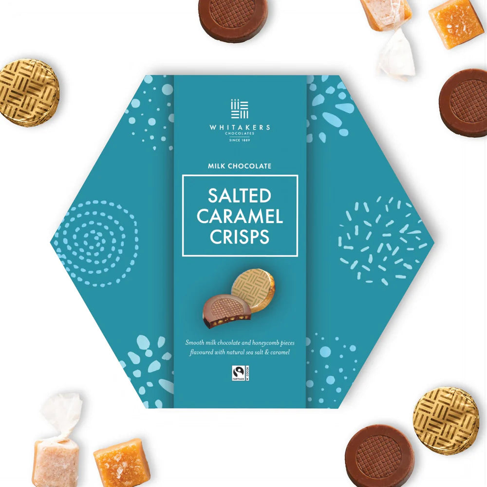 Whitakers Foiled Milk Salted Caramel Honeycomb Crisps in Hexagon Box