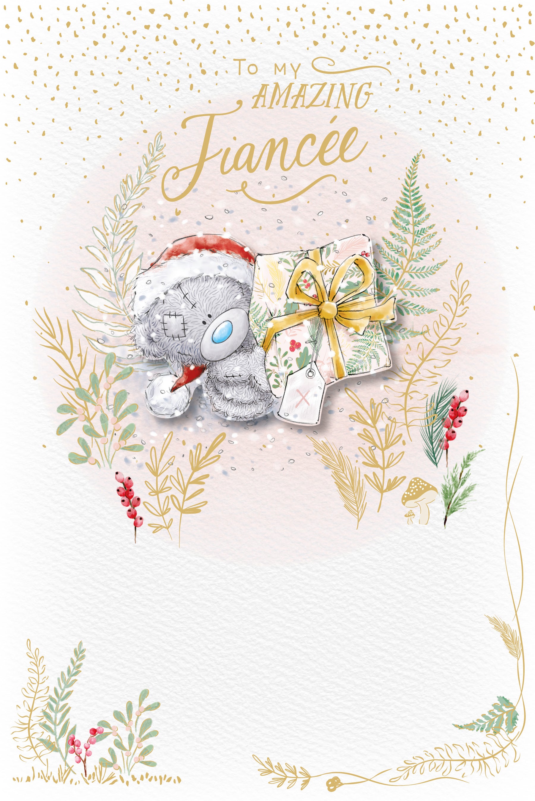 Fiancée Christmas Card - Bear Holding Up Gift