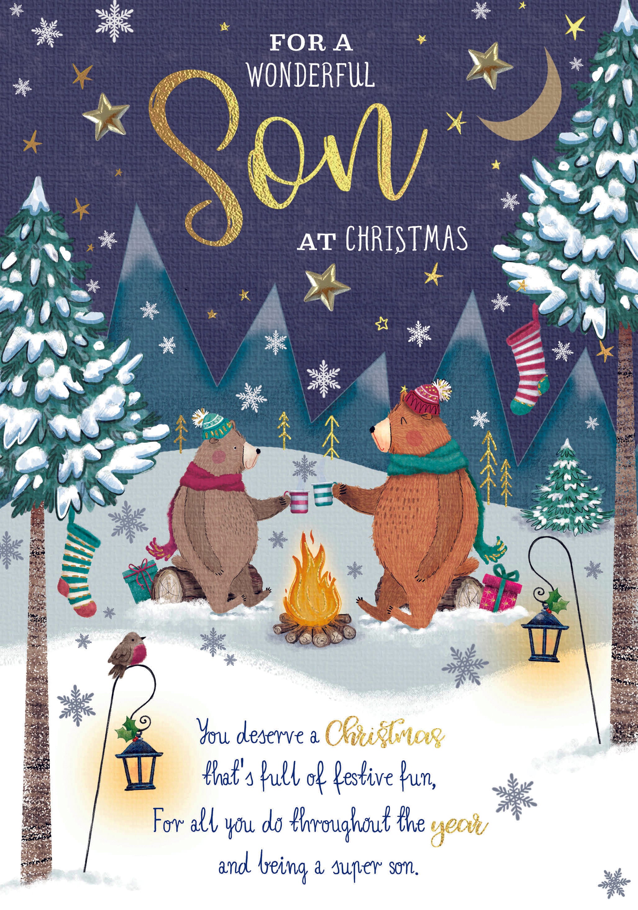 Son Christmas Card - Bears At Xmas Campfire