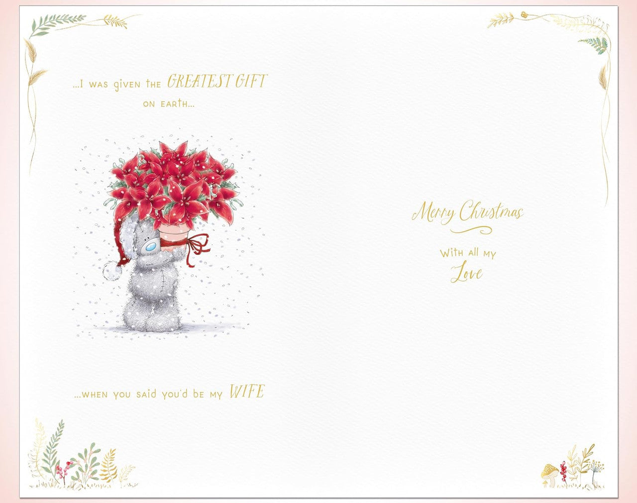 Lovely Wife Handmade Christmas Card - Bear Carrying Gifts And Poinsettia