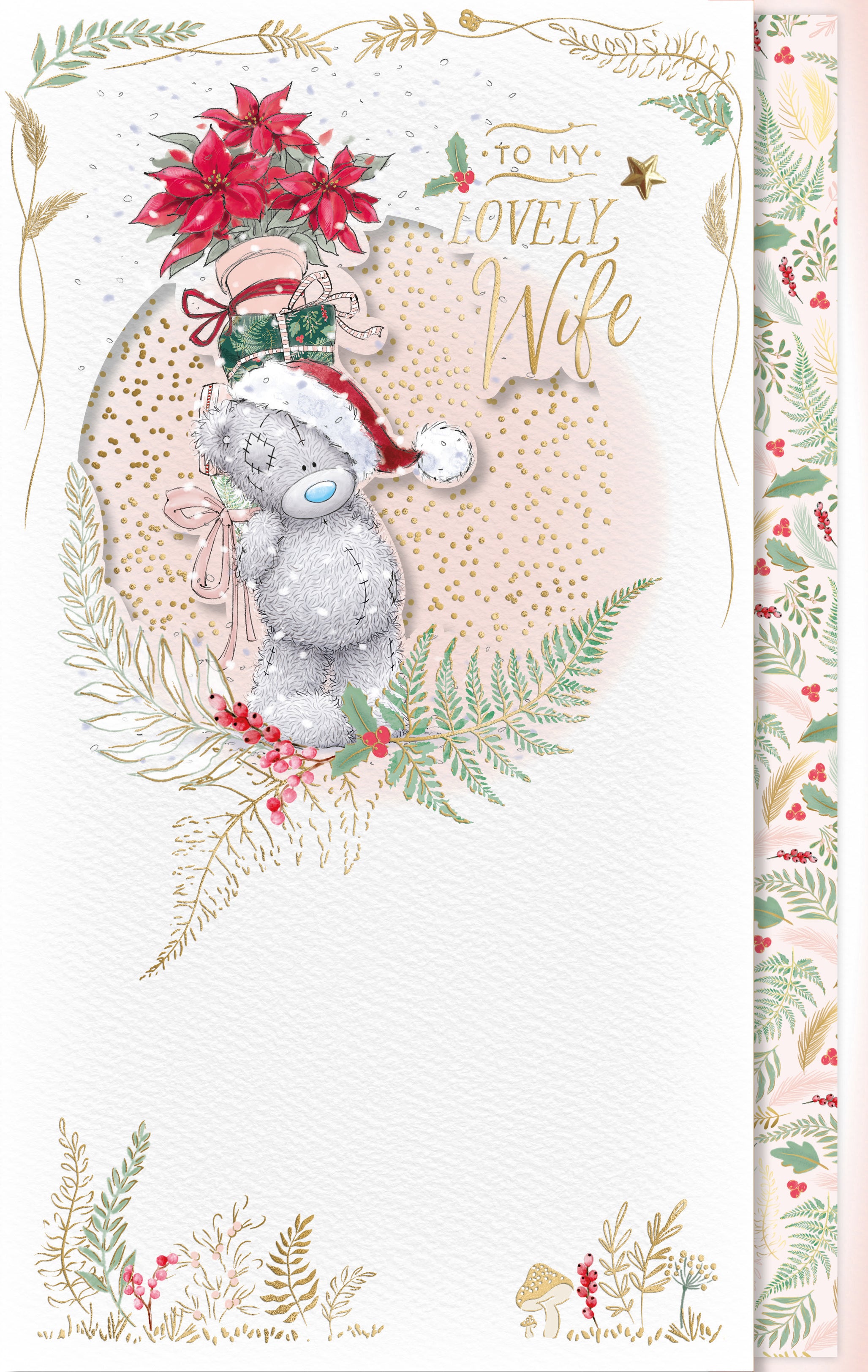 Lovely Wife Handmade Christmas Card - Bear Carrying Gifts And Poinsettia