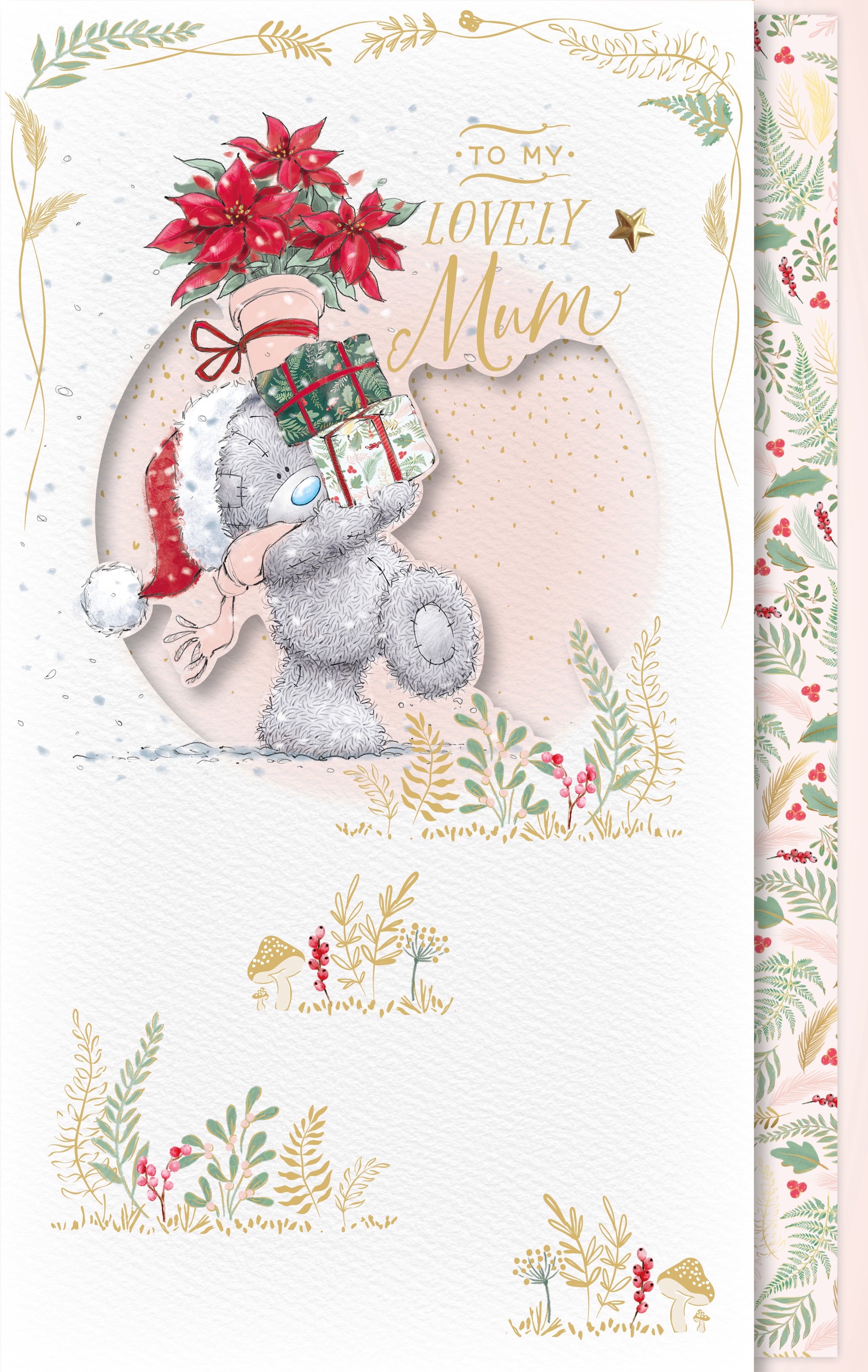 Mum Christmas Card - Bear Carrying Gifts And Poinsettia