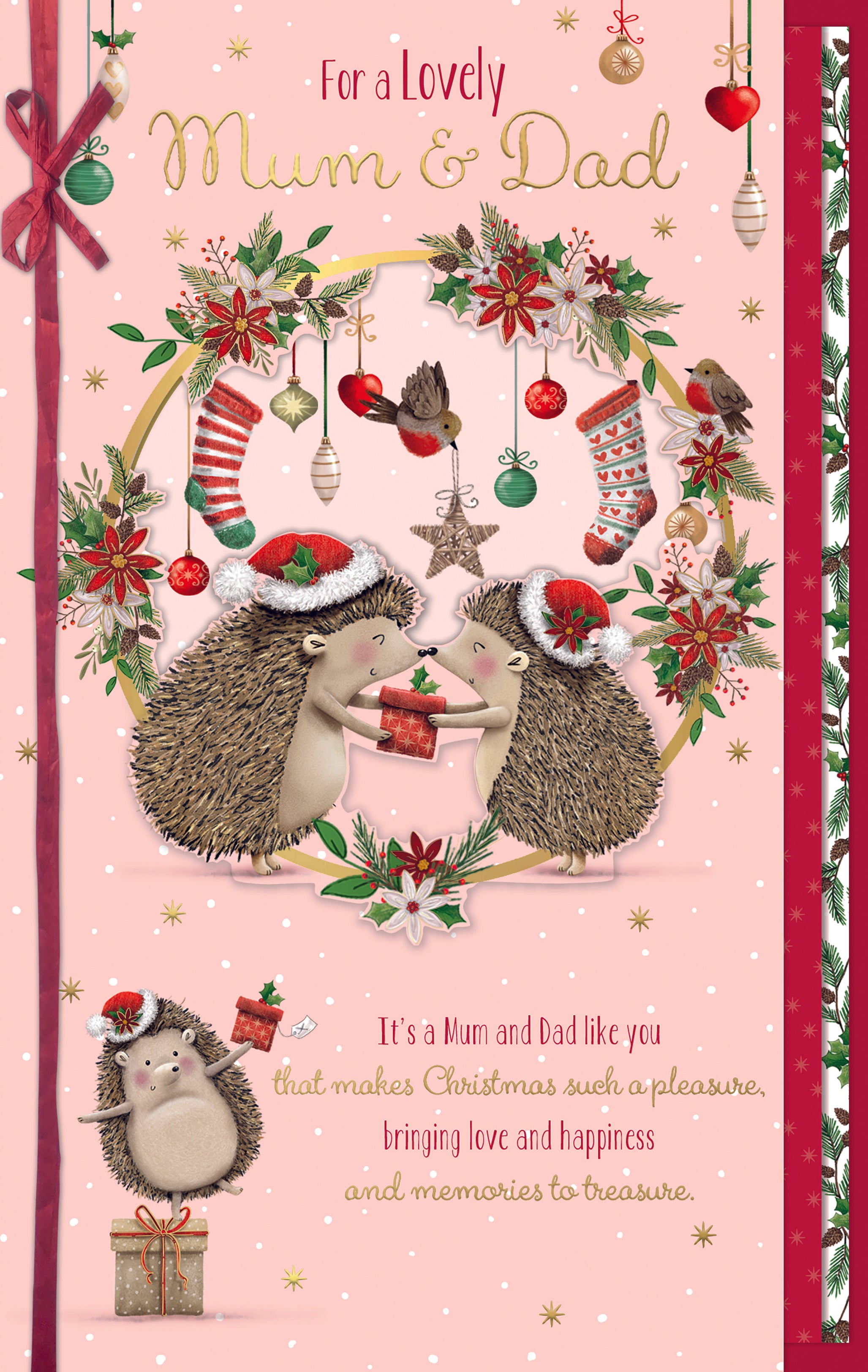 Mum And Dad Christmas Card - Hedgehogs Giving Gift