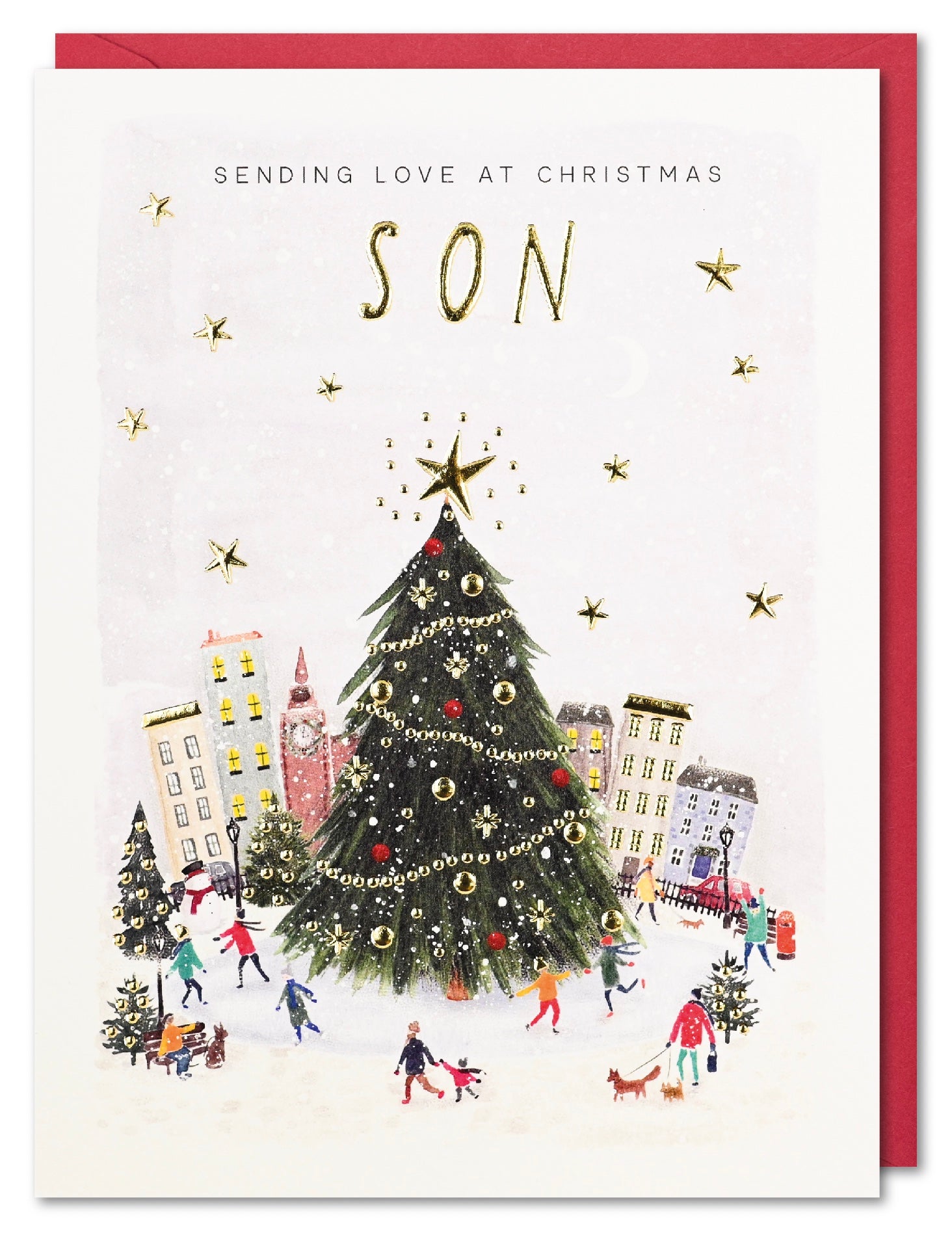 Son Christmas Card - Snowy Activities Around the Tree