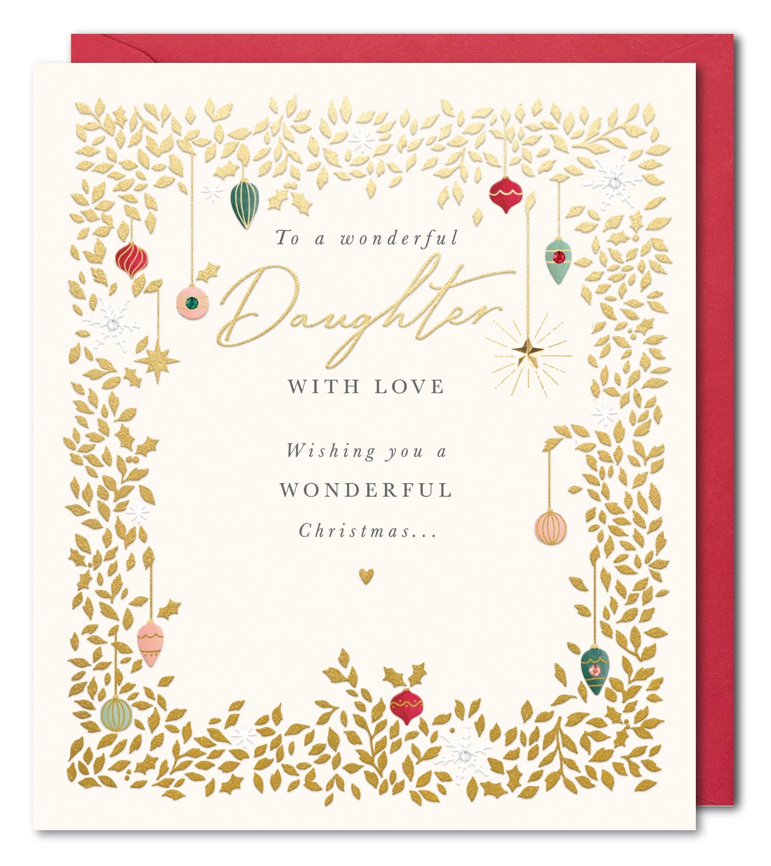 Daughter Christmas Card - Elegant Gold Leaves with Bauble Decorations