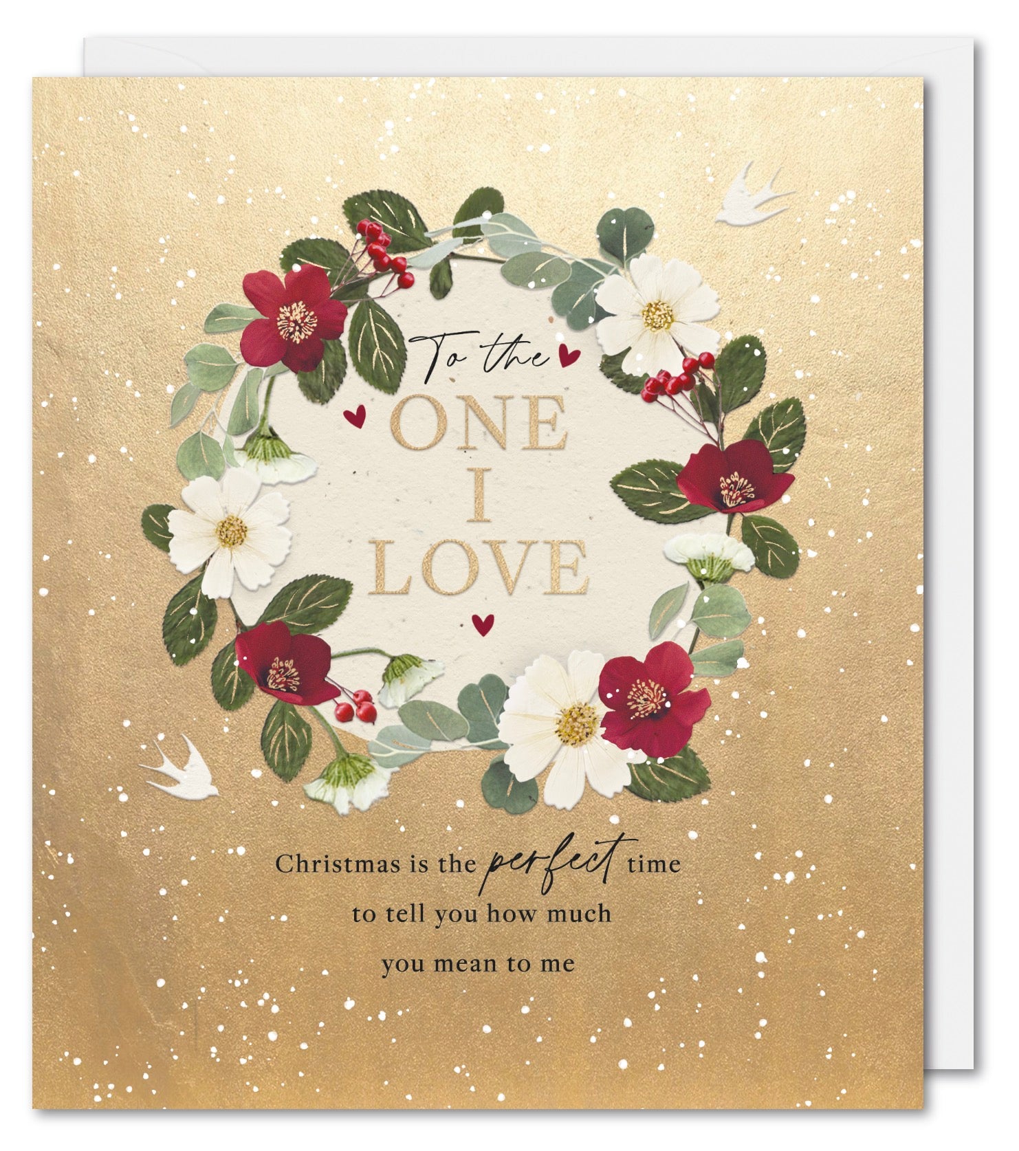 One I Love Christmas Card - Floral Bouquet with Elegant Gold Background