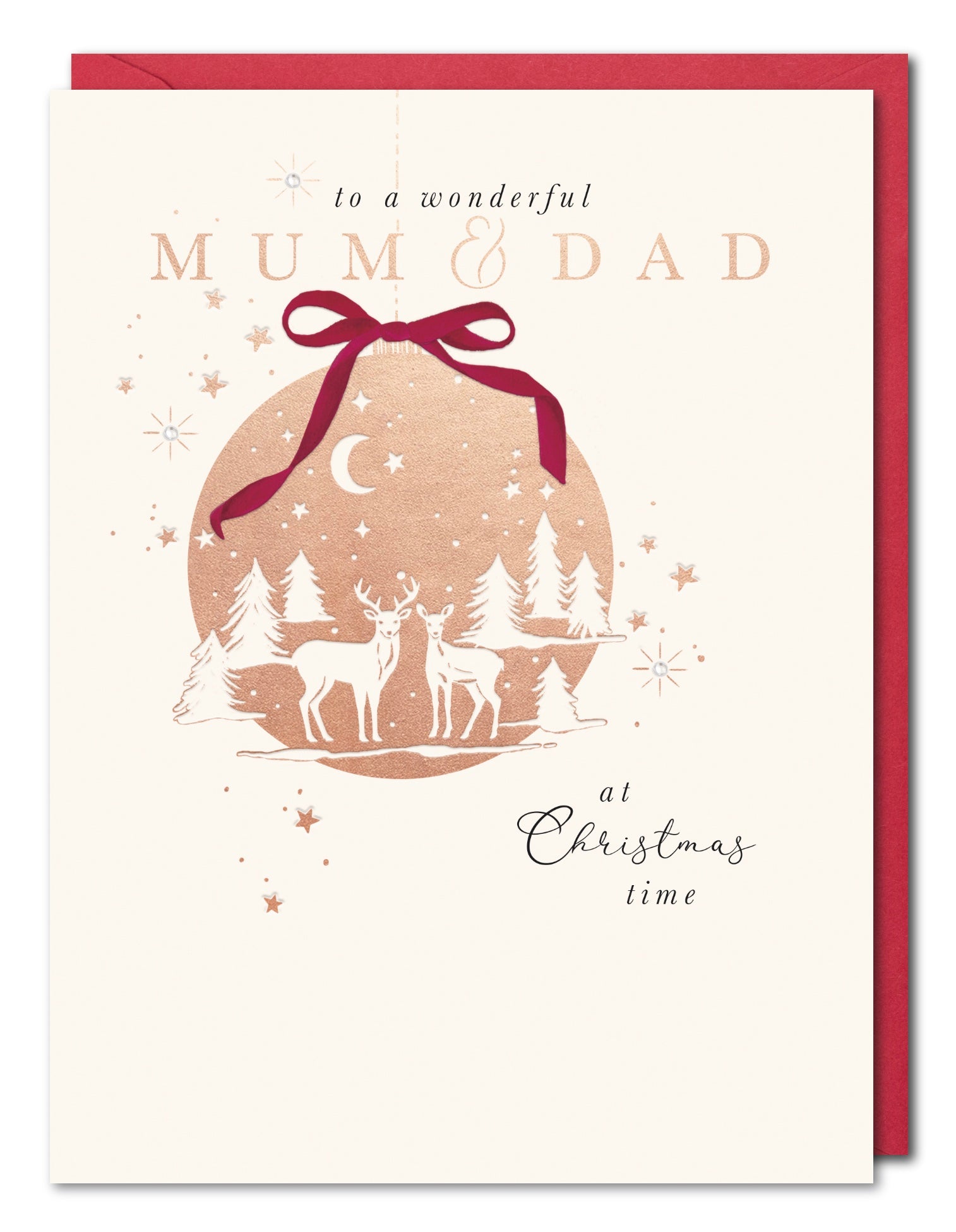 Mum & Dad Christmas Card - Bauble of Deers and Christmas Trees