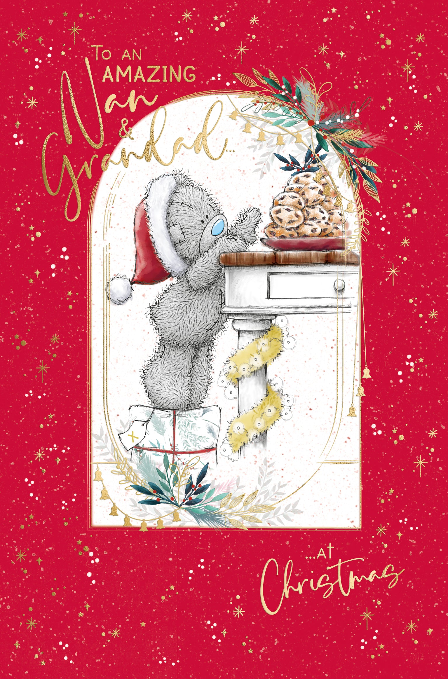 Nan And Grandad Christmas Card - Bear Reaching Up to Mince Pies