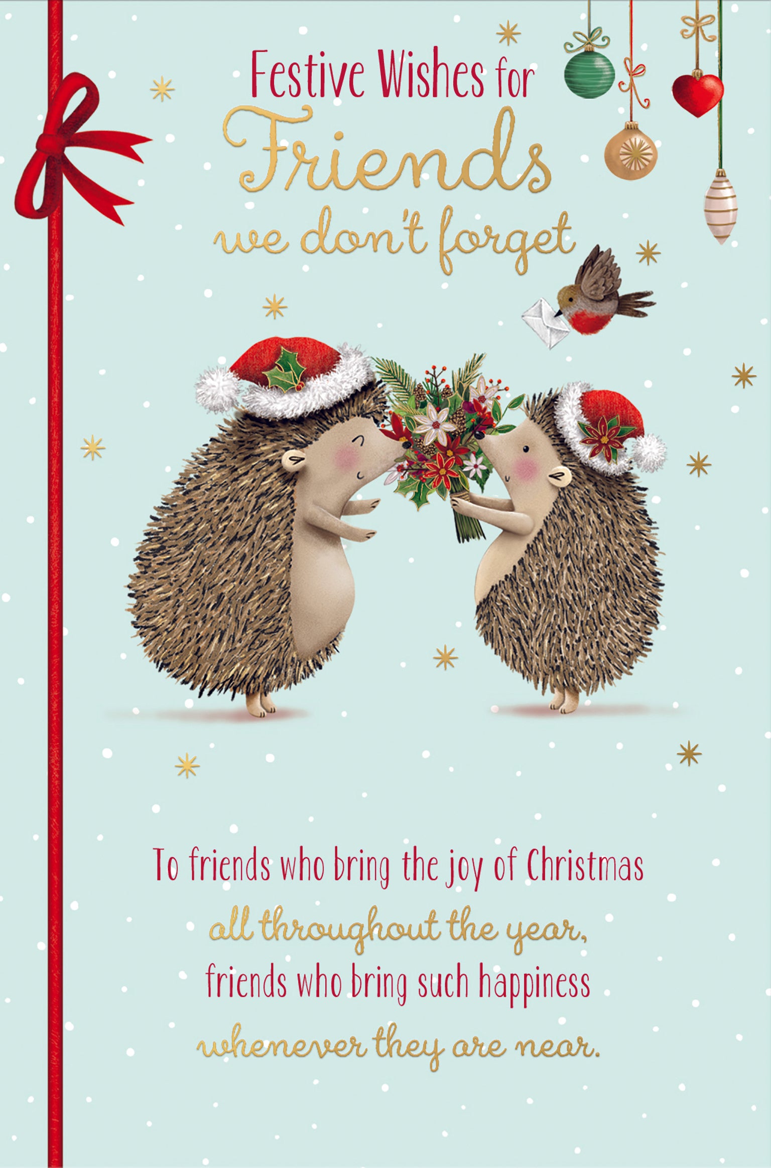 Friends Christmas Card - we dont forget Hedgehogs with Flowers