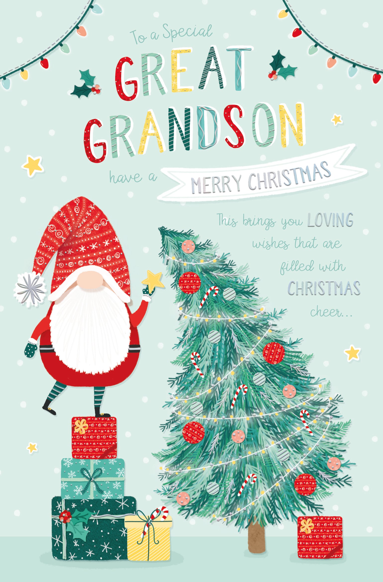 Great Grandson Christmas Card - Gonk Decorating Tree