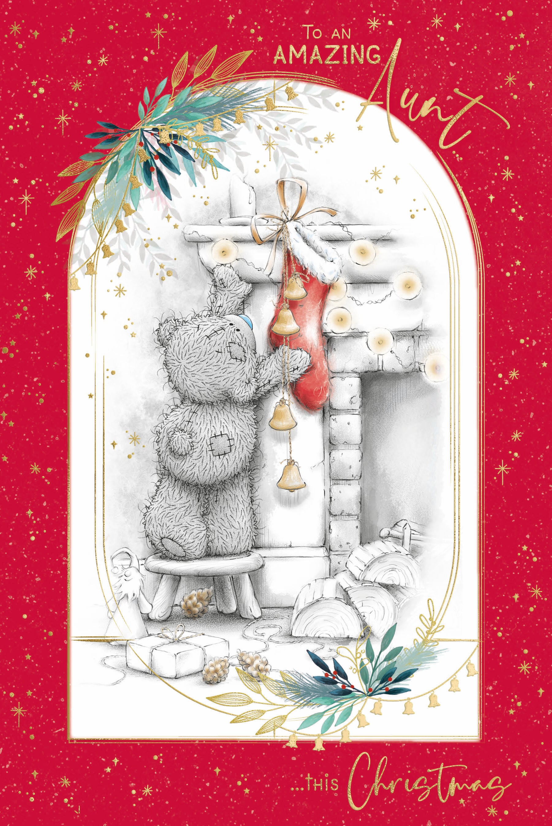 Aunt Christmas Card - Bear Hanging Up Stoking