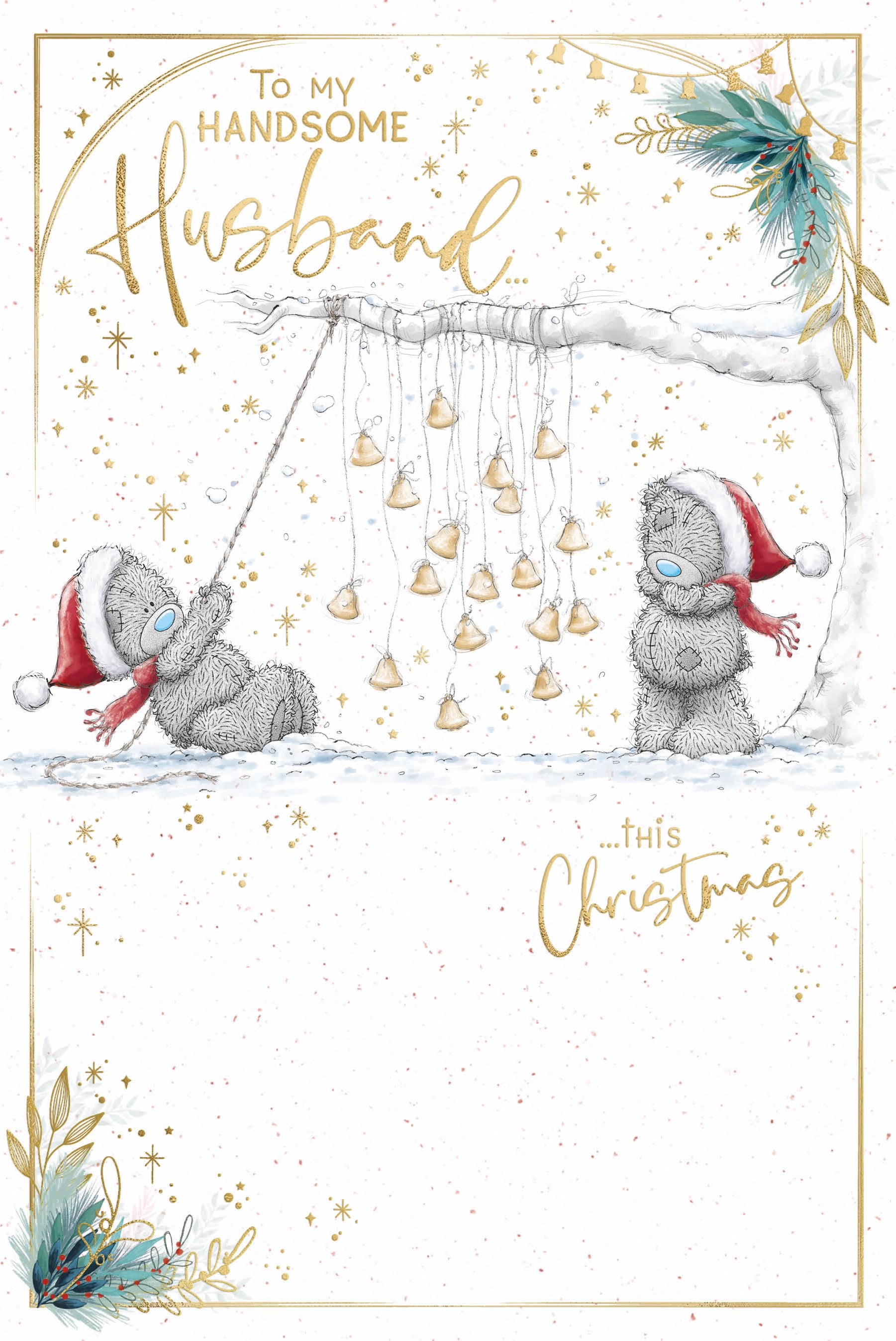 Husband Christmas Card - Bears With Bells Hanging From Branch