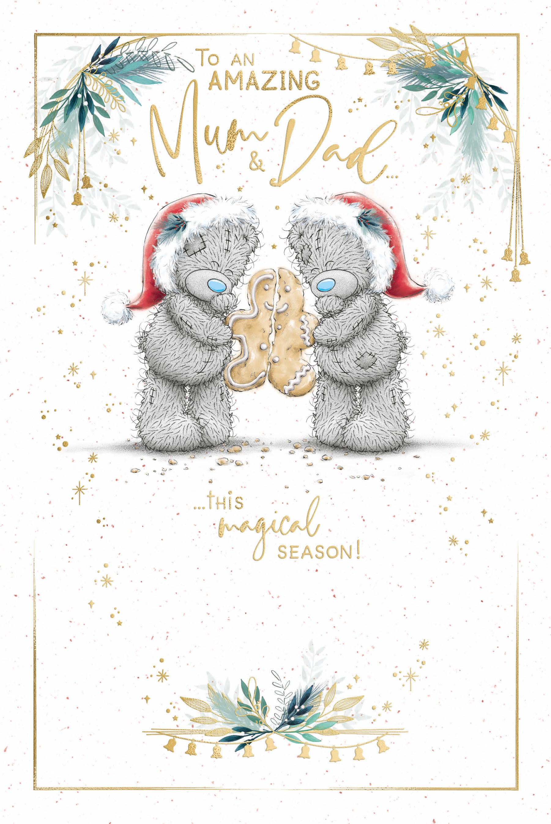 Mum & Dad Christmas Card - Bears With 2 Halves Of Gingerbread Biscuit